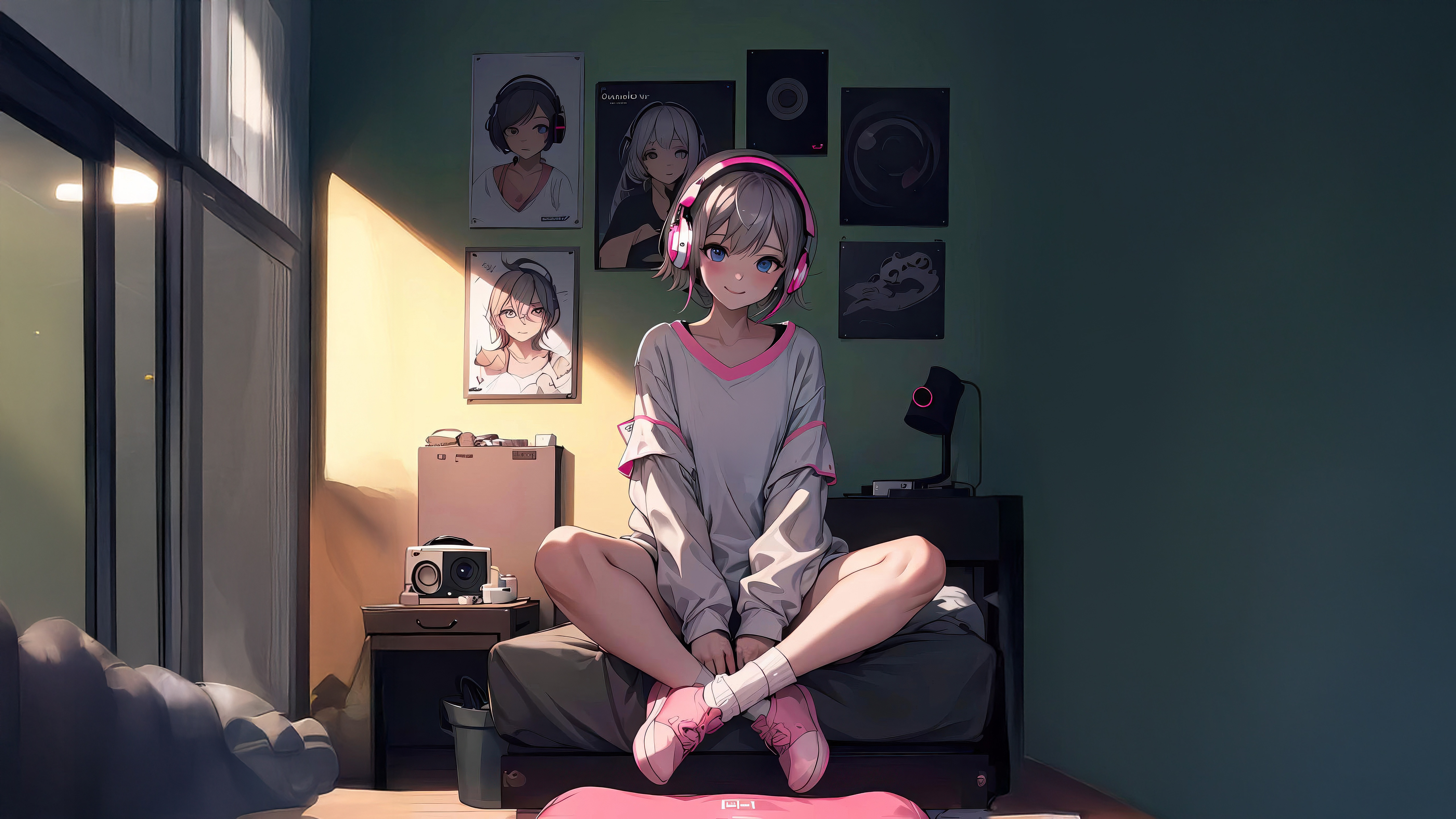 Anime Girl With Pink Headphones And Posters HD Wallpaper