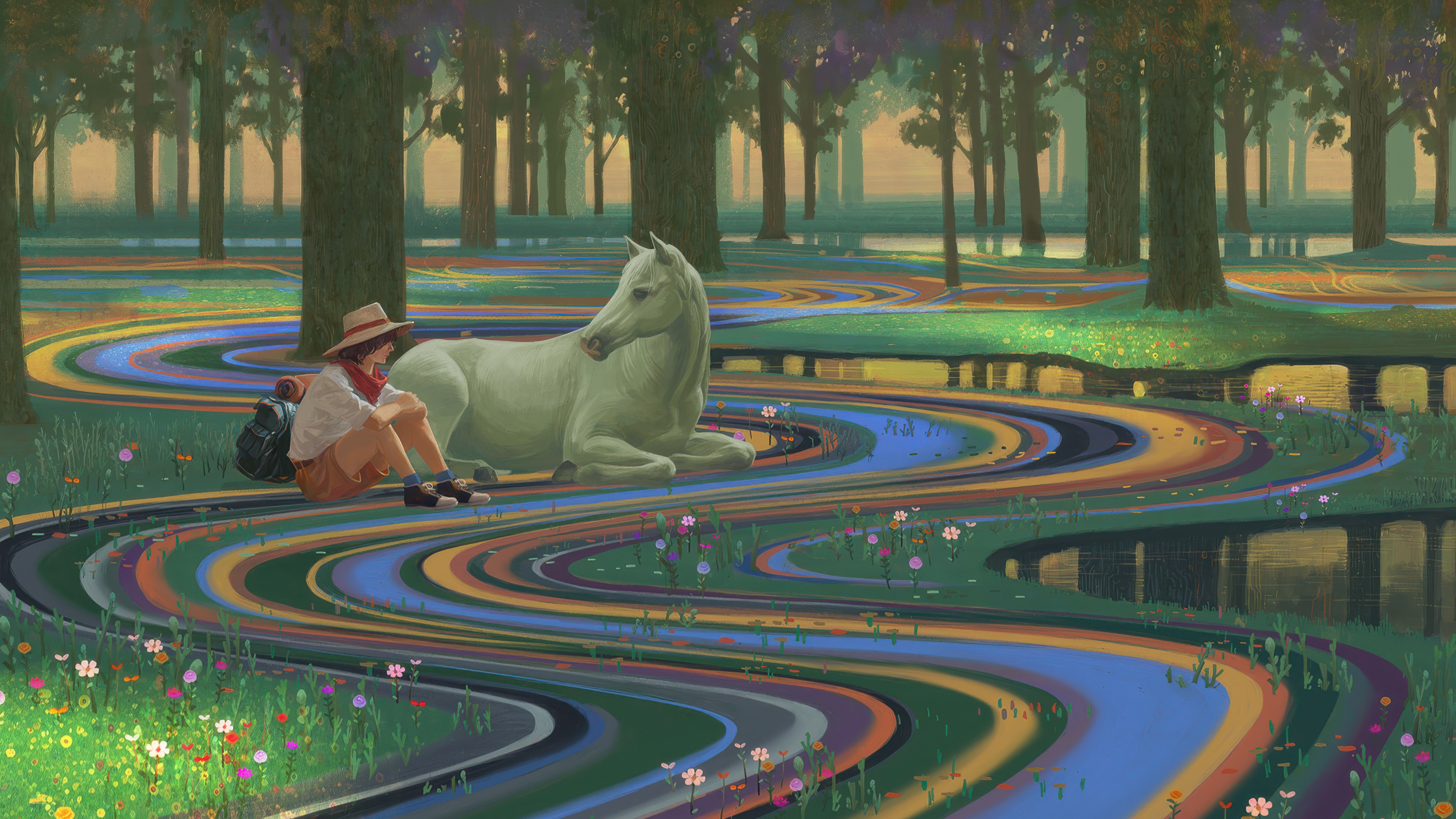 Rainbow Rivers In Enchanted Forest With White Horse HD Wallpaper
