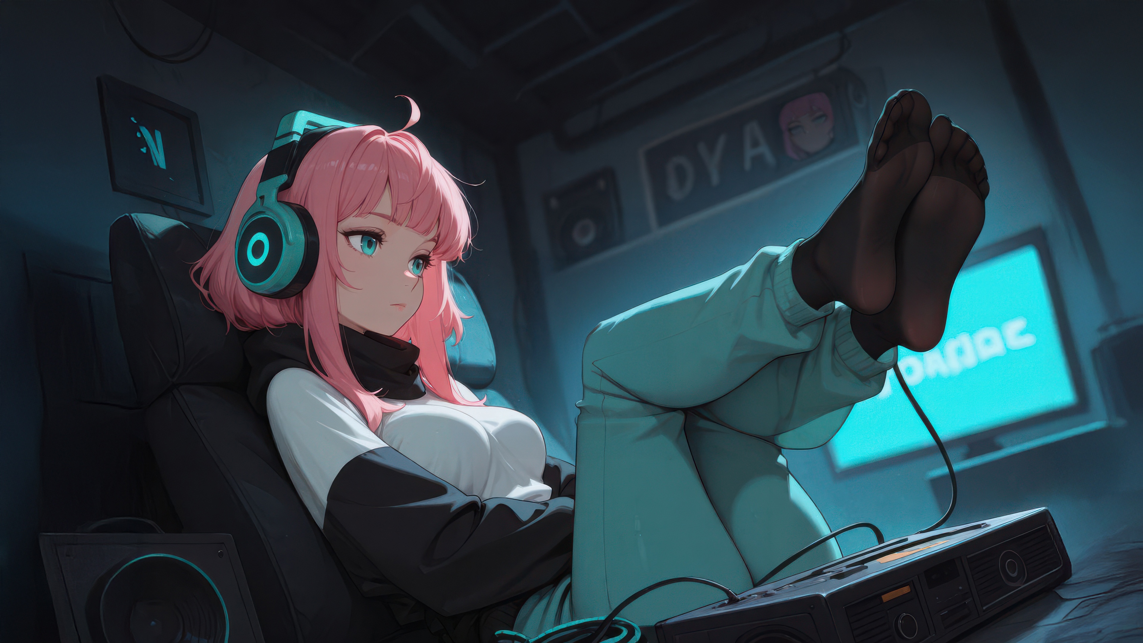 Pink Haired Girl Listening to Music in a Cozy Room HD Wallpaper