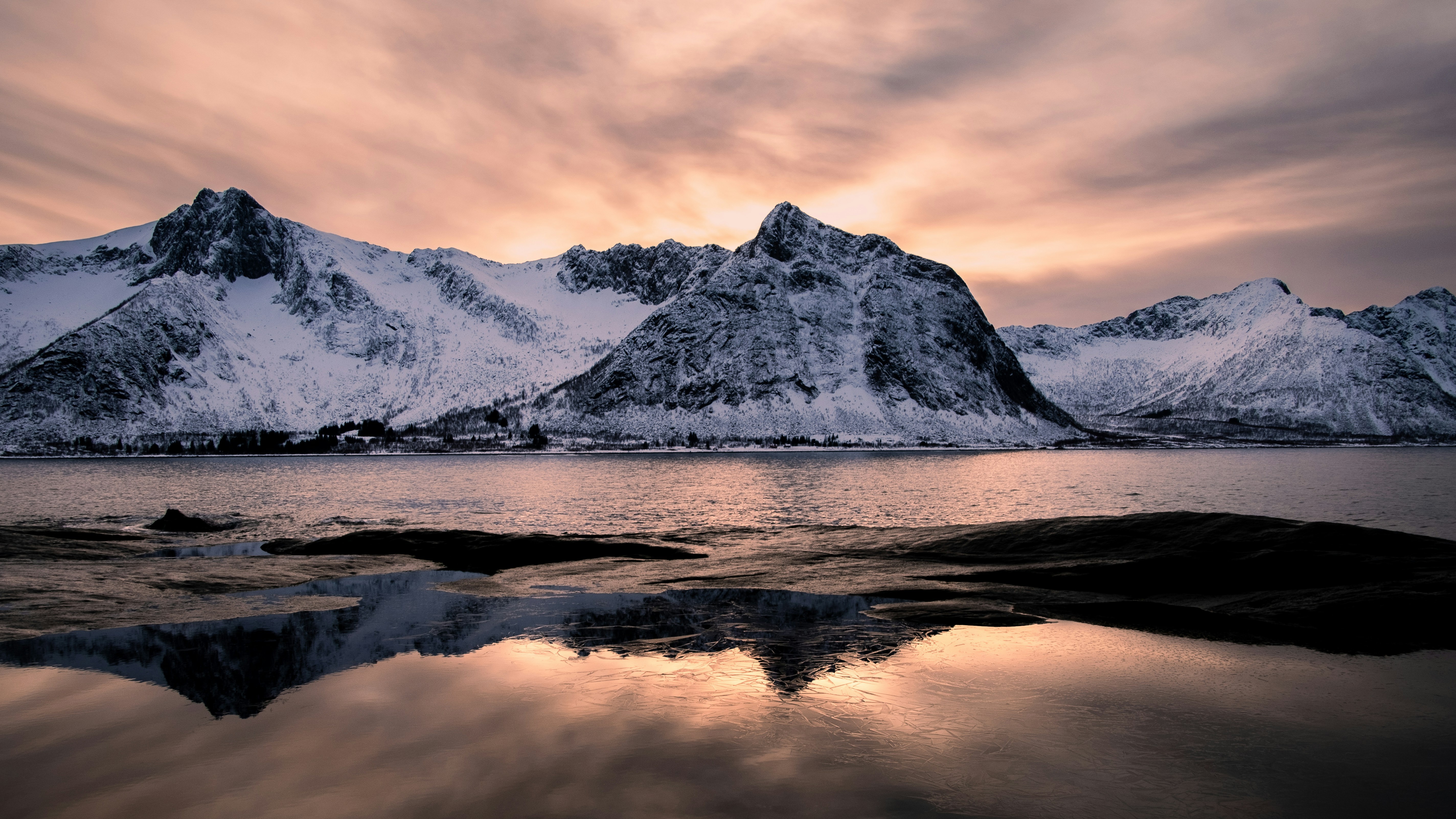 Pastel Dusk Over Snow Capped Norwegian Fjords HD Wallpaper