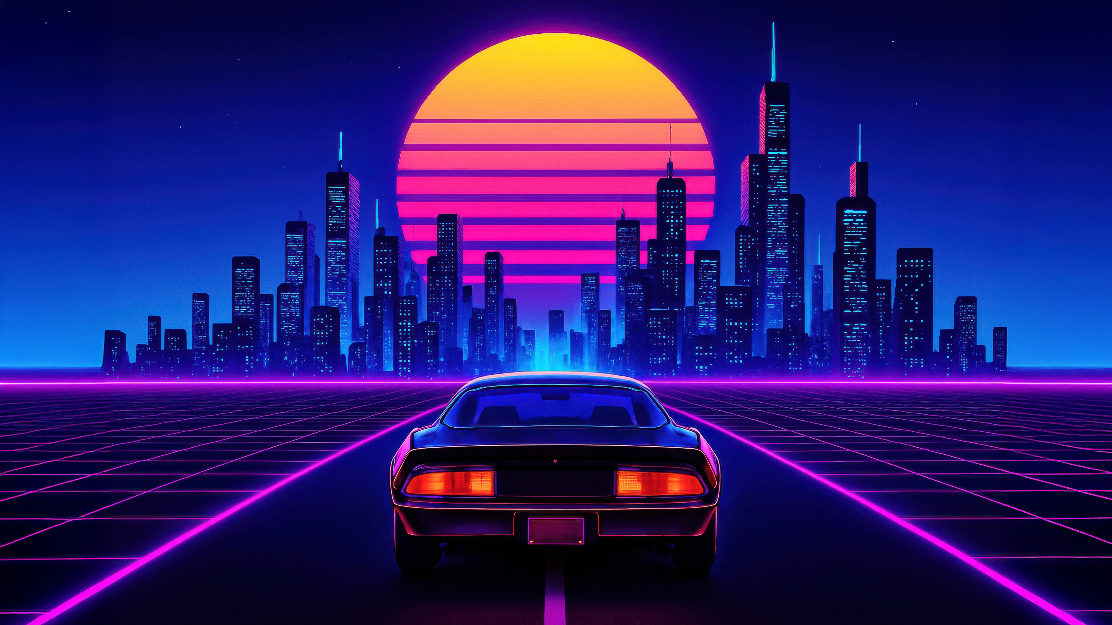 Retrowave City Skyline Drive with Neon Grid HD Wallpaper