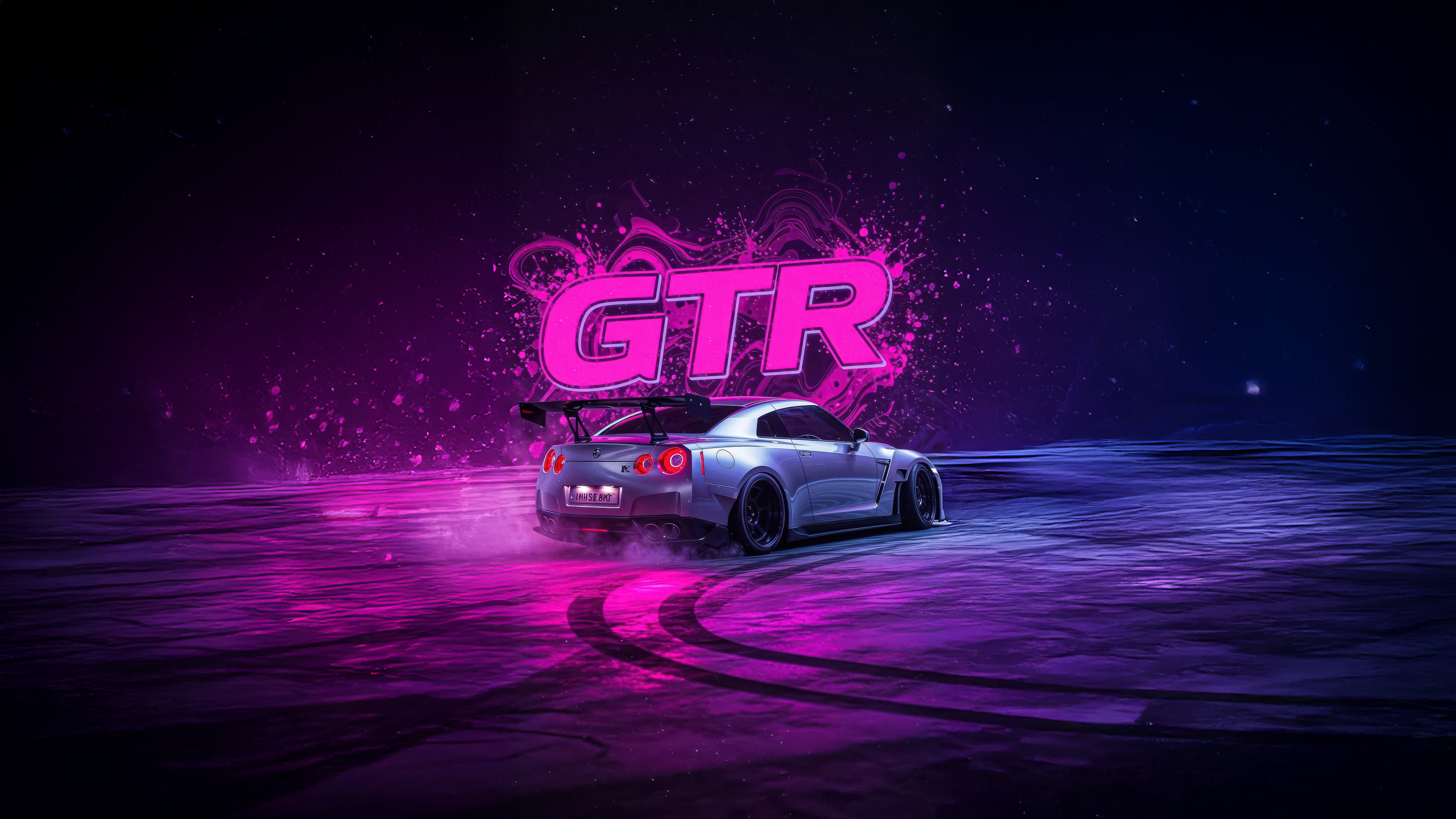 Nissan GTR drifting with neon lights HD Wallpaper