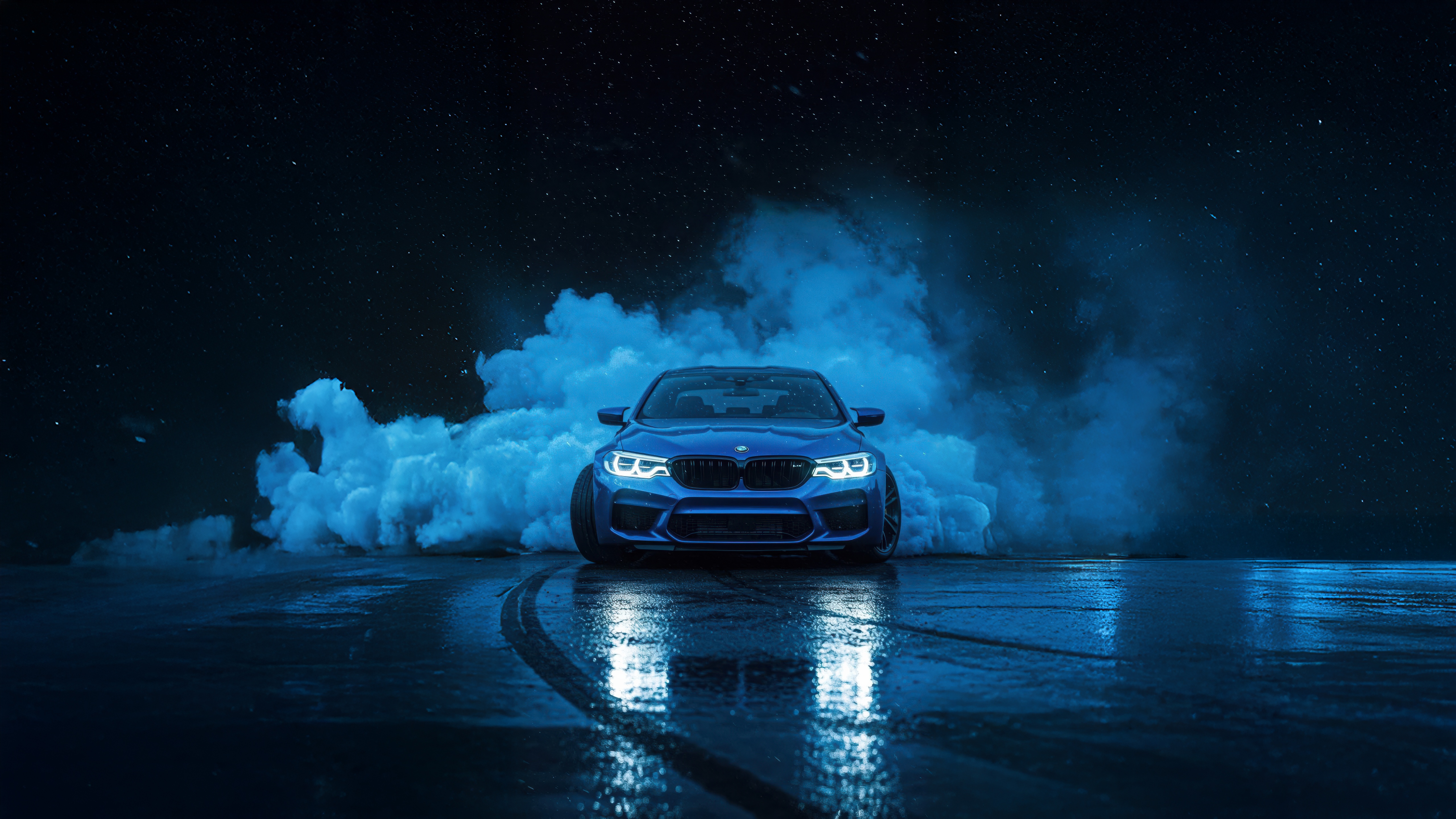 Blue BMW M4 with Blue Smoke at Night HD Wallpaper