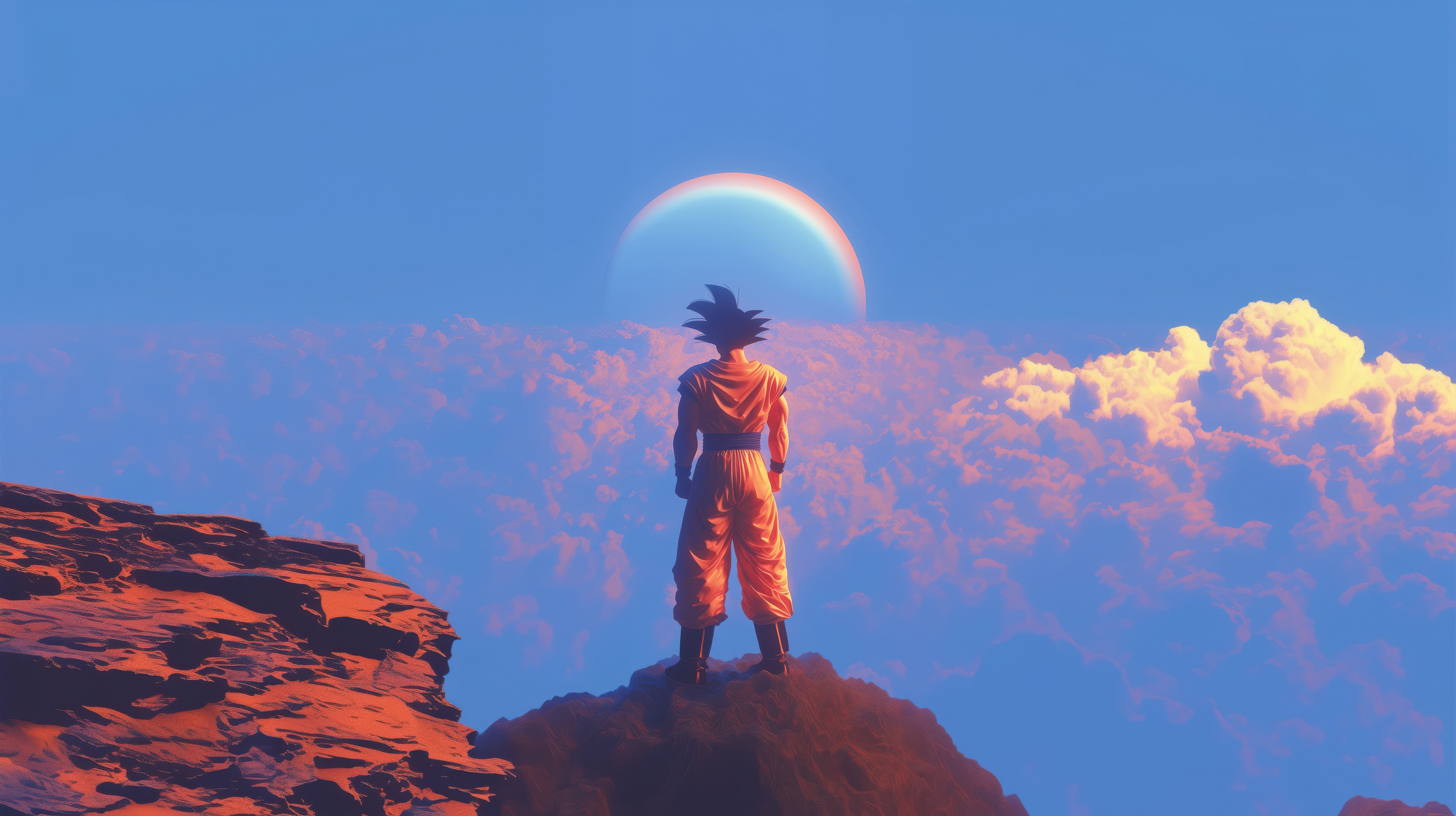 Goku standing on a mountain overlooking clouds and a planet HD Wallpaper