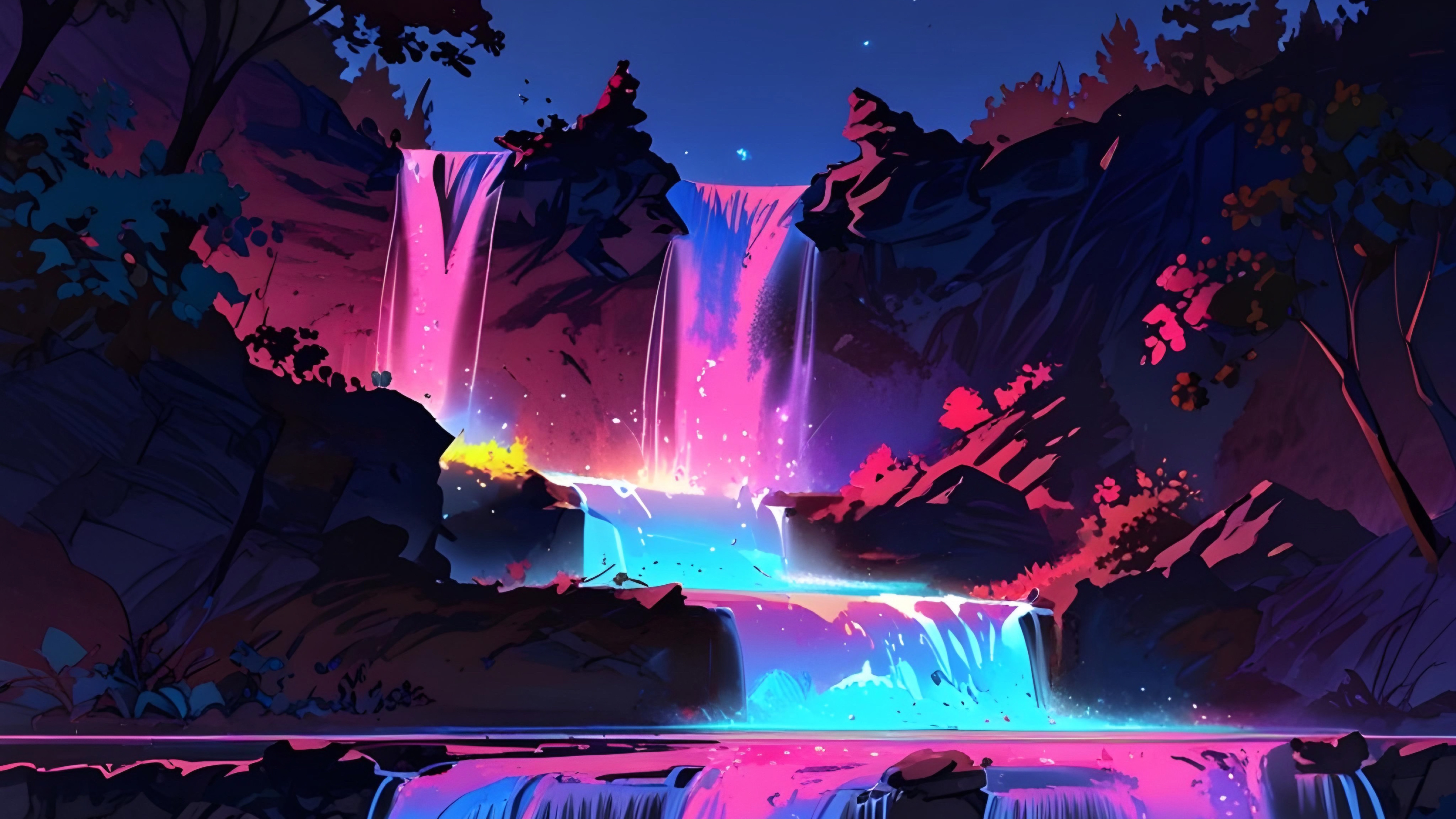 Neon Waterfall Fantasy Glowing Pink And Blue Cascade HD Wallpaper