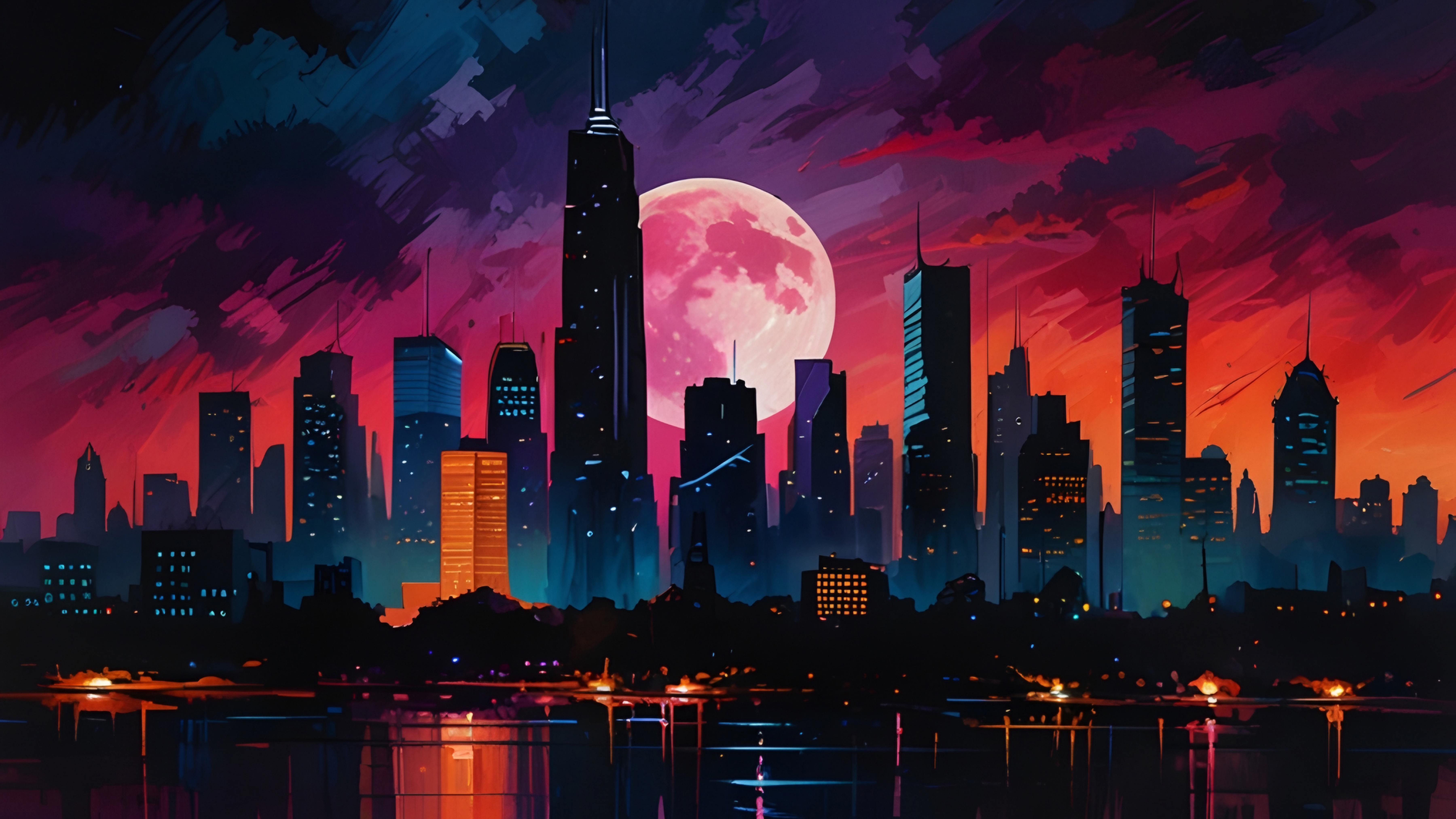 Pink Moon Over City Skyline Reflection HD Wallpaper