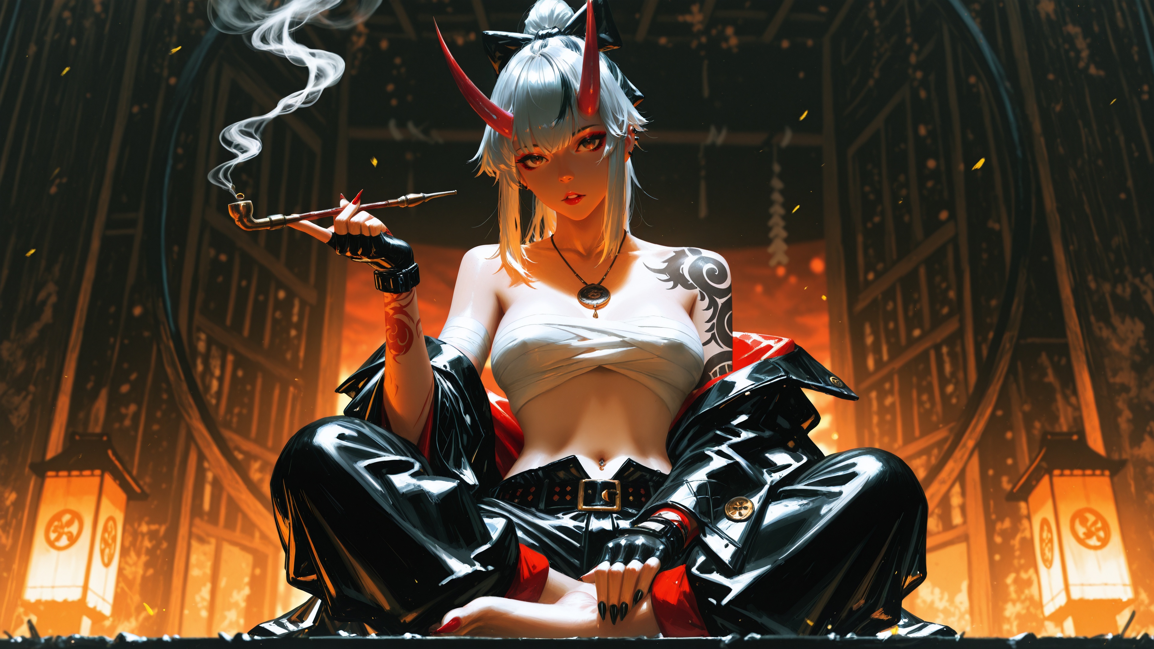 Demon Queen with Red Horns Smoking a Pipe HD Wallpaper