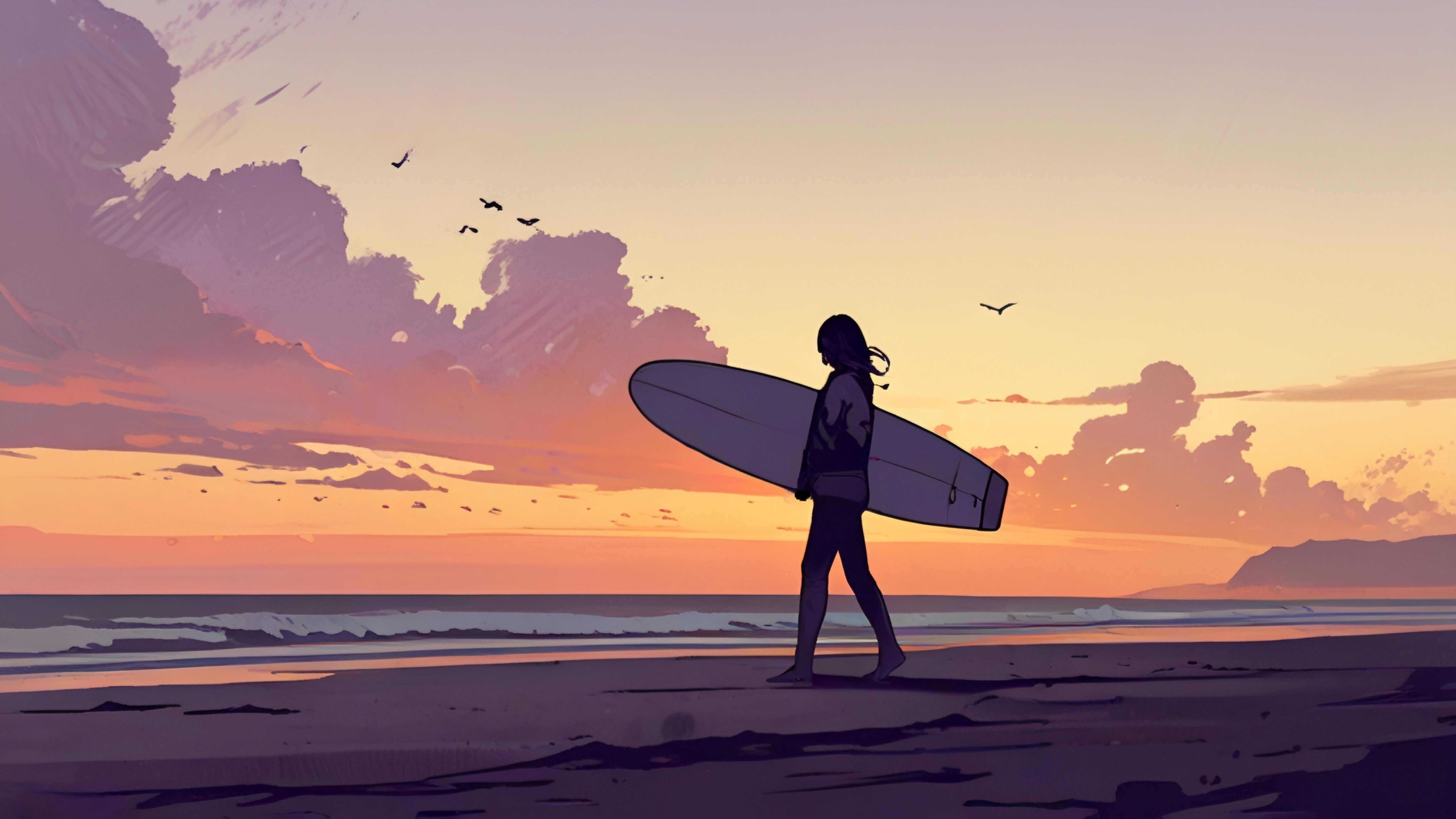 Surfer girl walks on beach at sunset HD Wallpaper