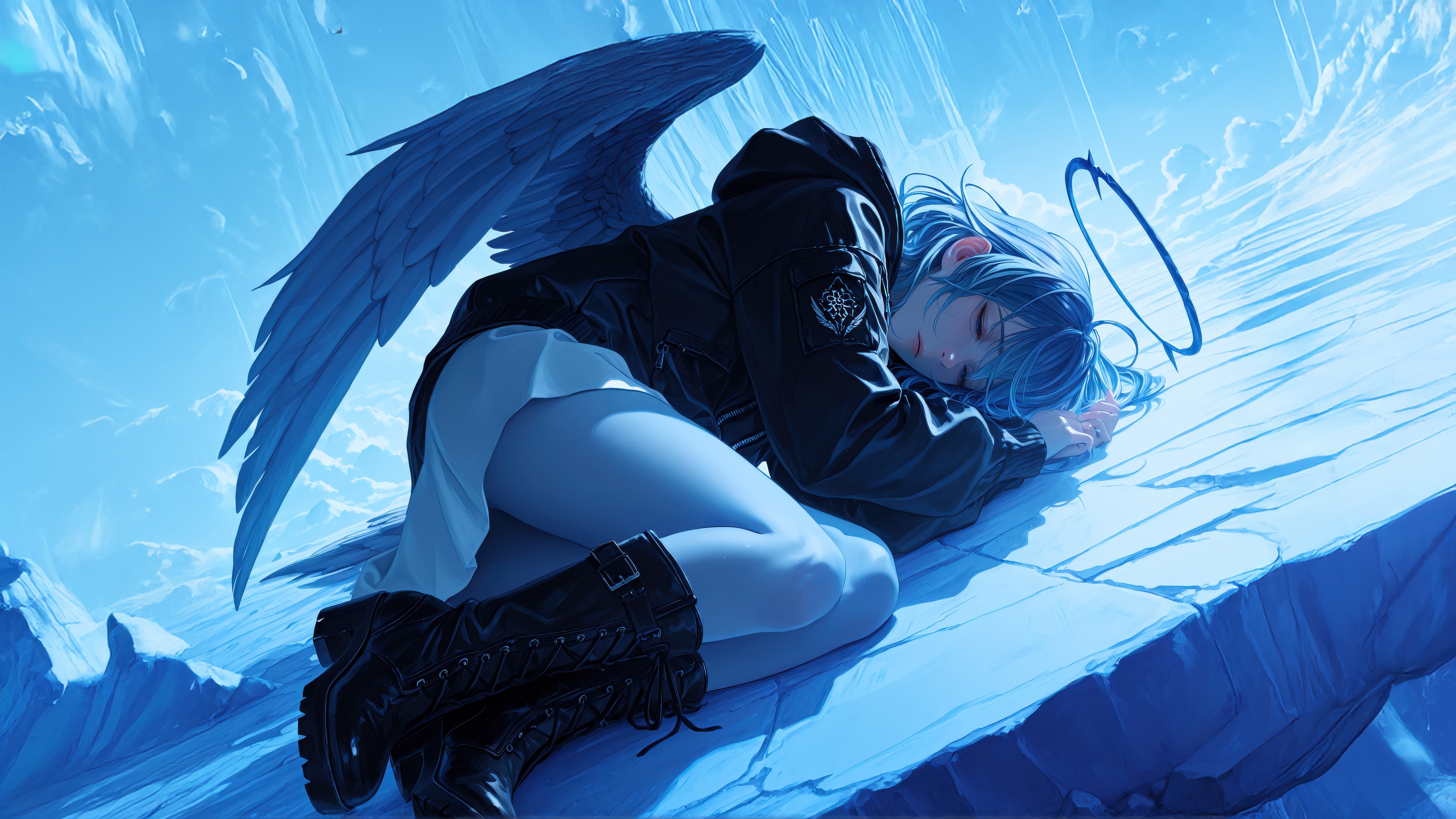 Anime Girl with Blue Angel Wings Resting HD Wallpaper