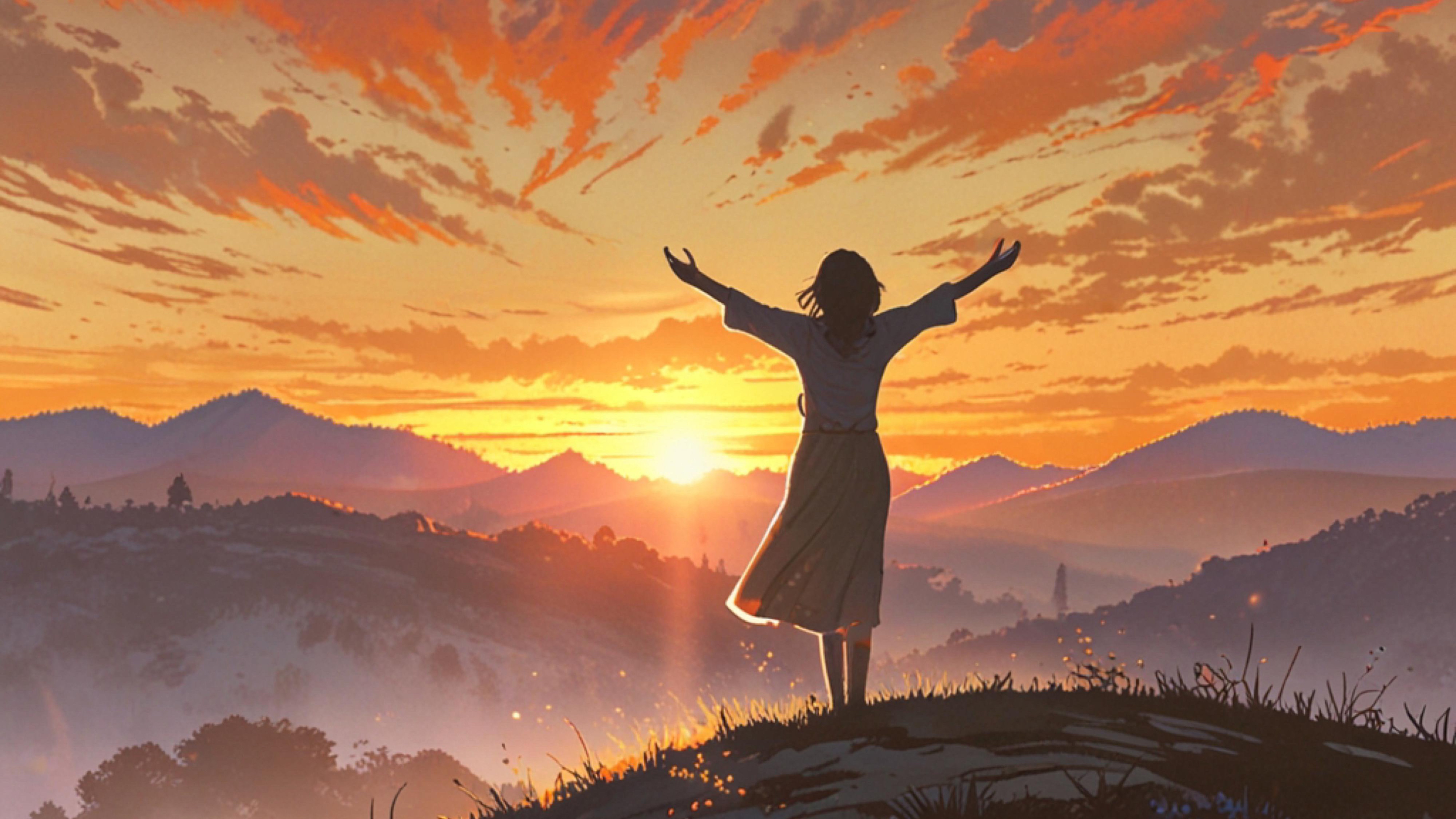 Anime girl with arms outstretched at sunrise HD Wallpaper