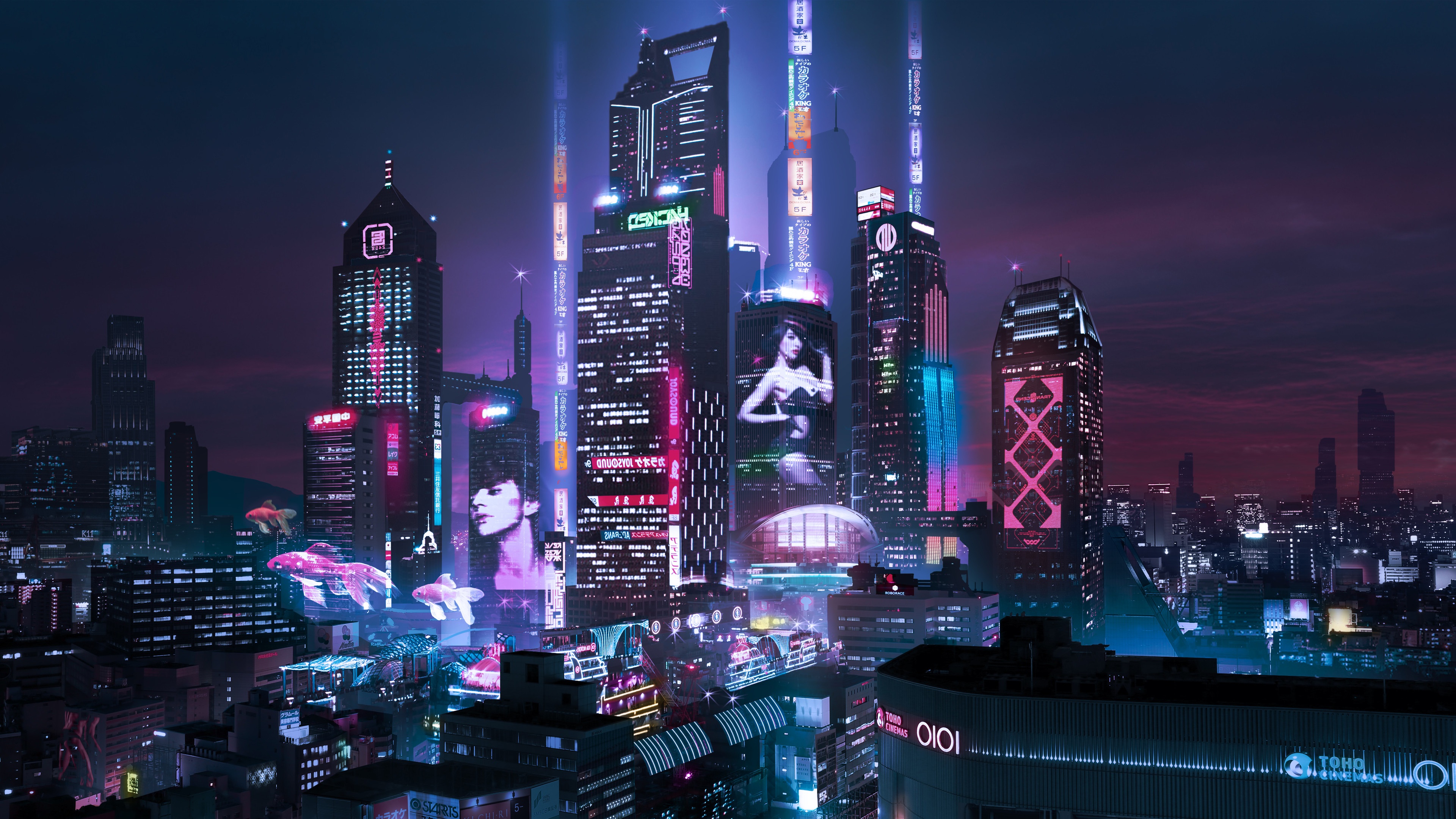 Futuristic Neon Cyberpunk City Skyline at Night HD Wallpaper