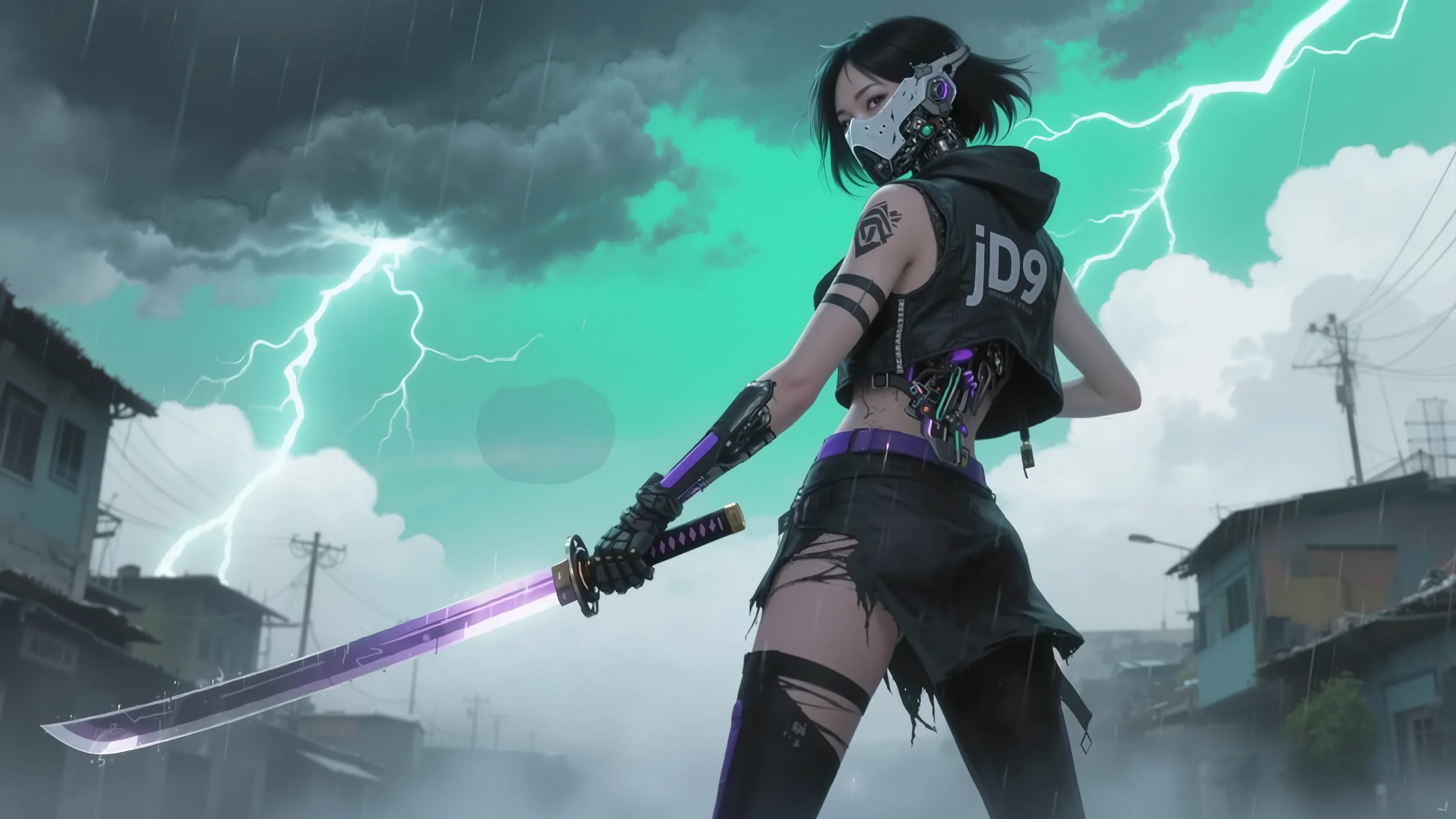 Cyberpunk Girl With Purple Katana And Lightning HD Wallpaper