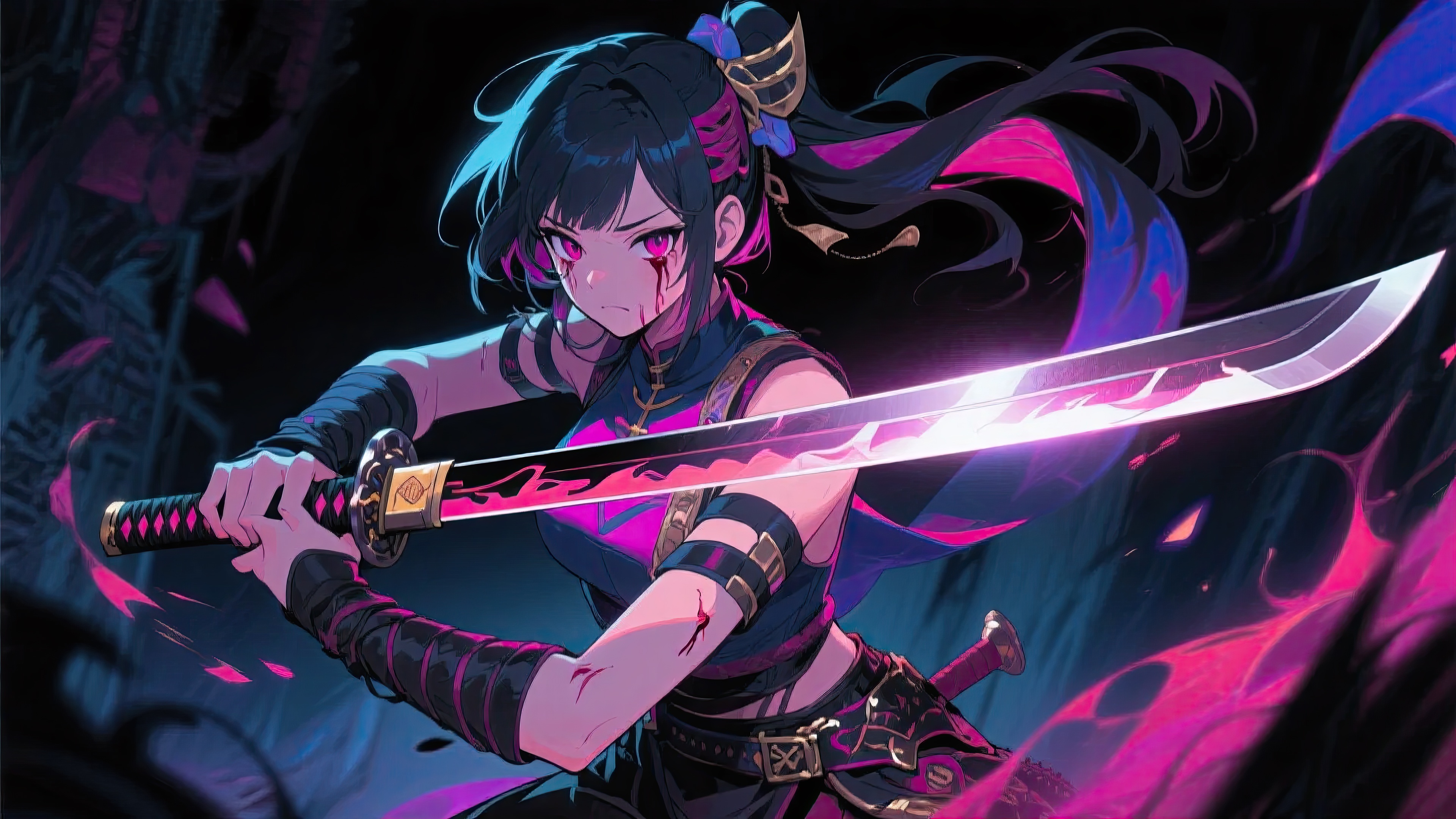 Anime warrior with glowing pink and blue katana HD Wallpaper
