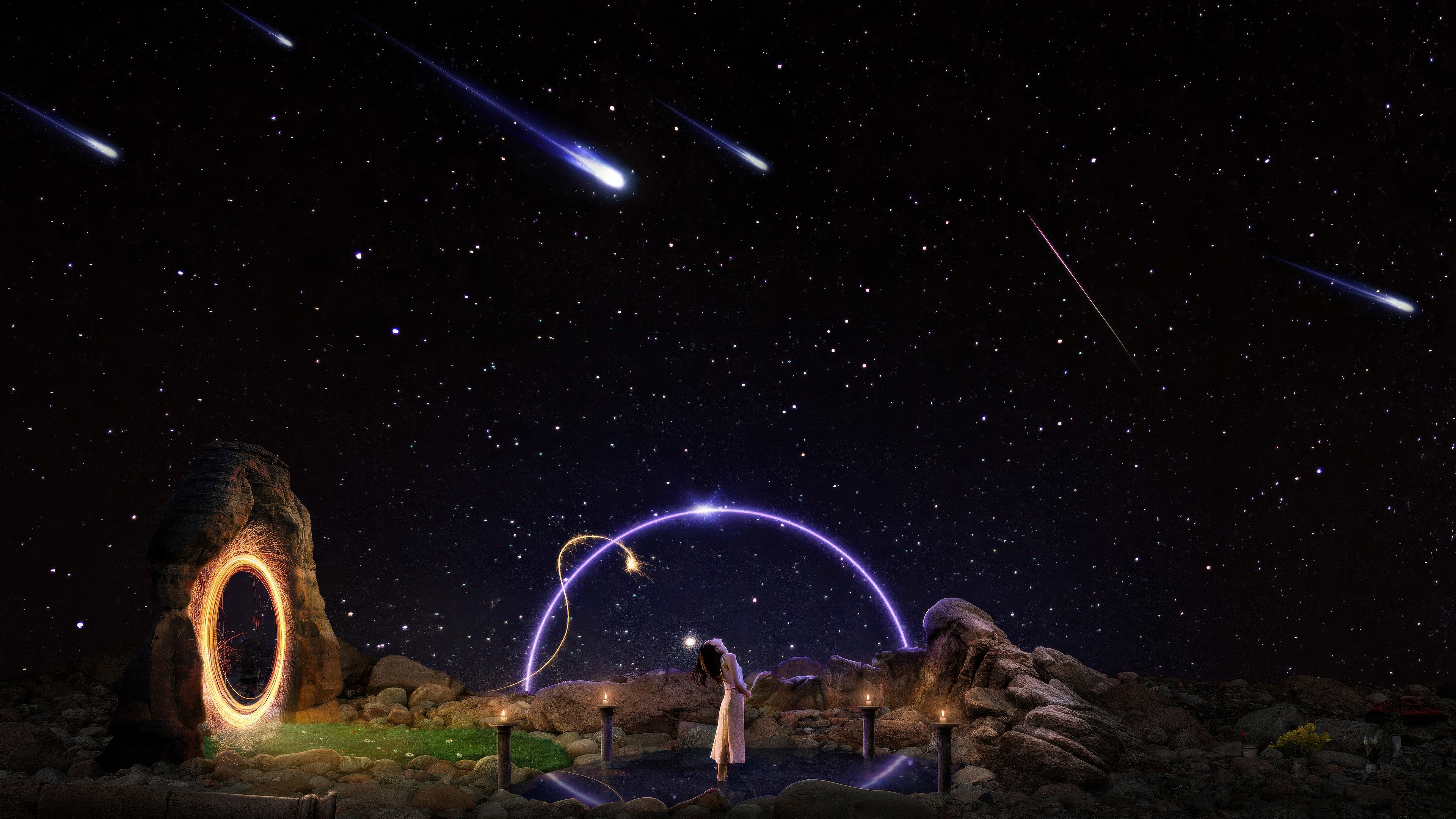 Girl Gazing at Falling Stars Through a Cosmic Portal HD Wallpaper