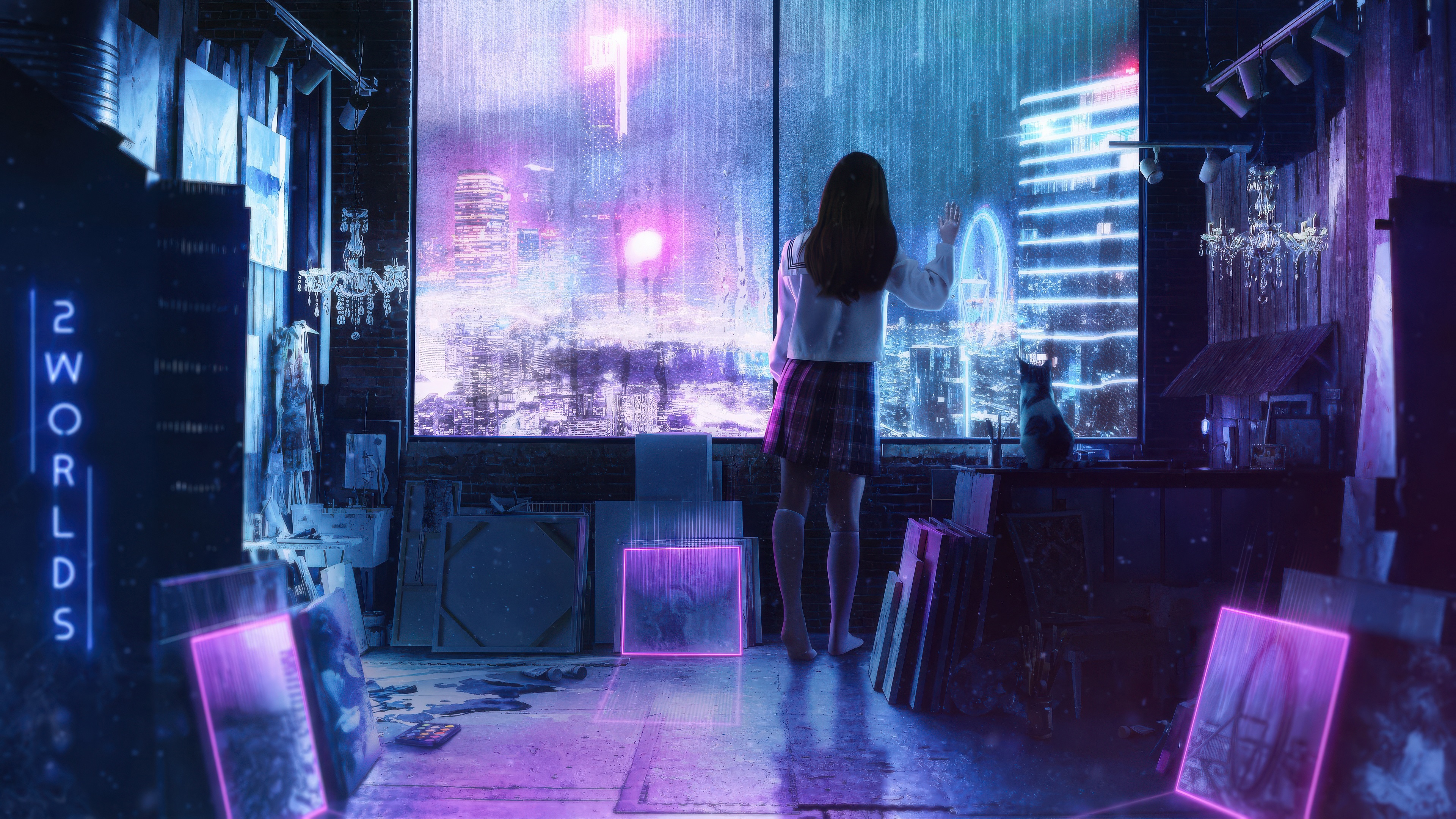 Anime girl in a room looking at a rainy city HD Wallpaper