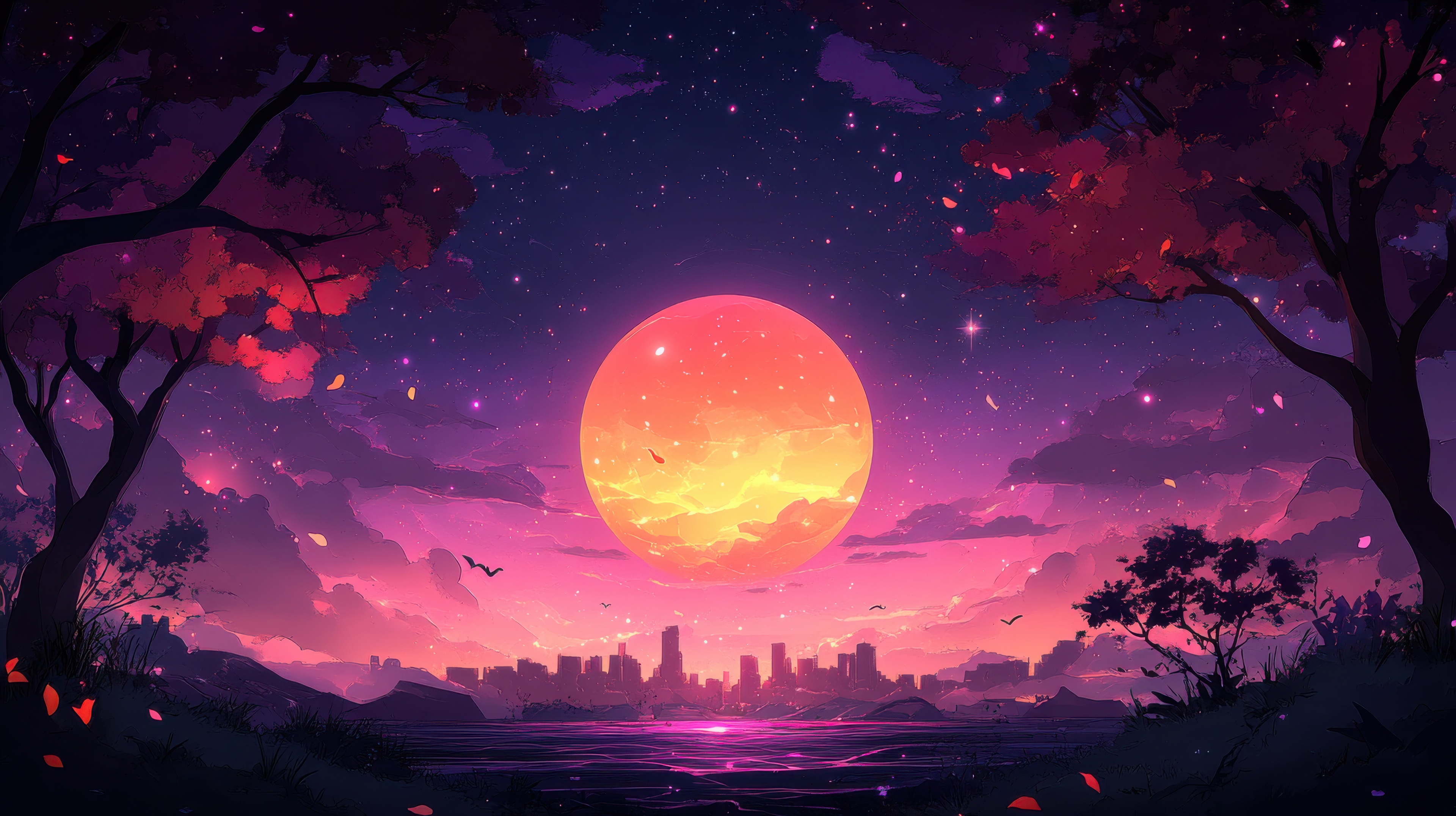 Anime City Skyline at Sunset with Falling Petals HD Wallpaper