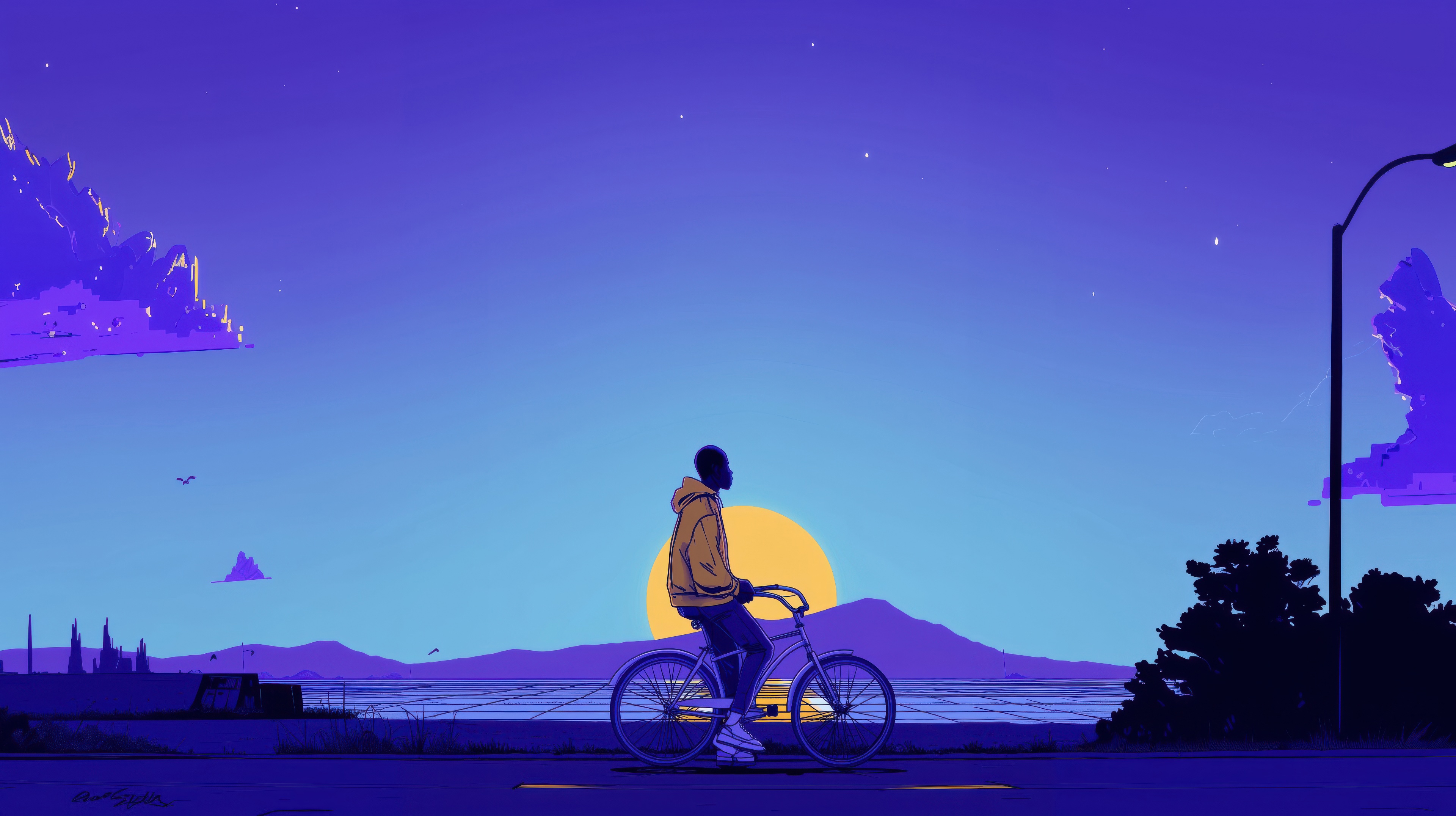Man riding a bicycle along the coast at sunset HD Wallpaper