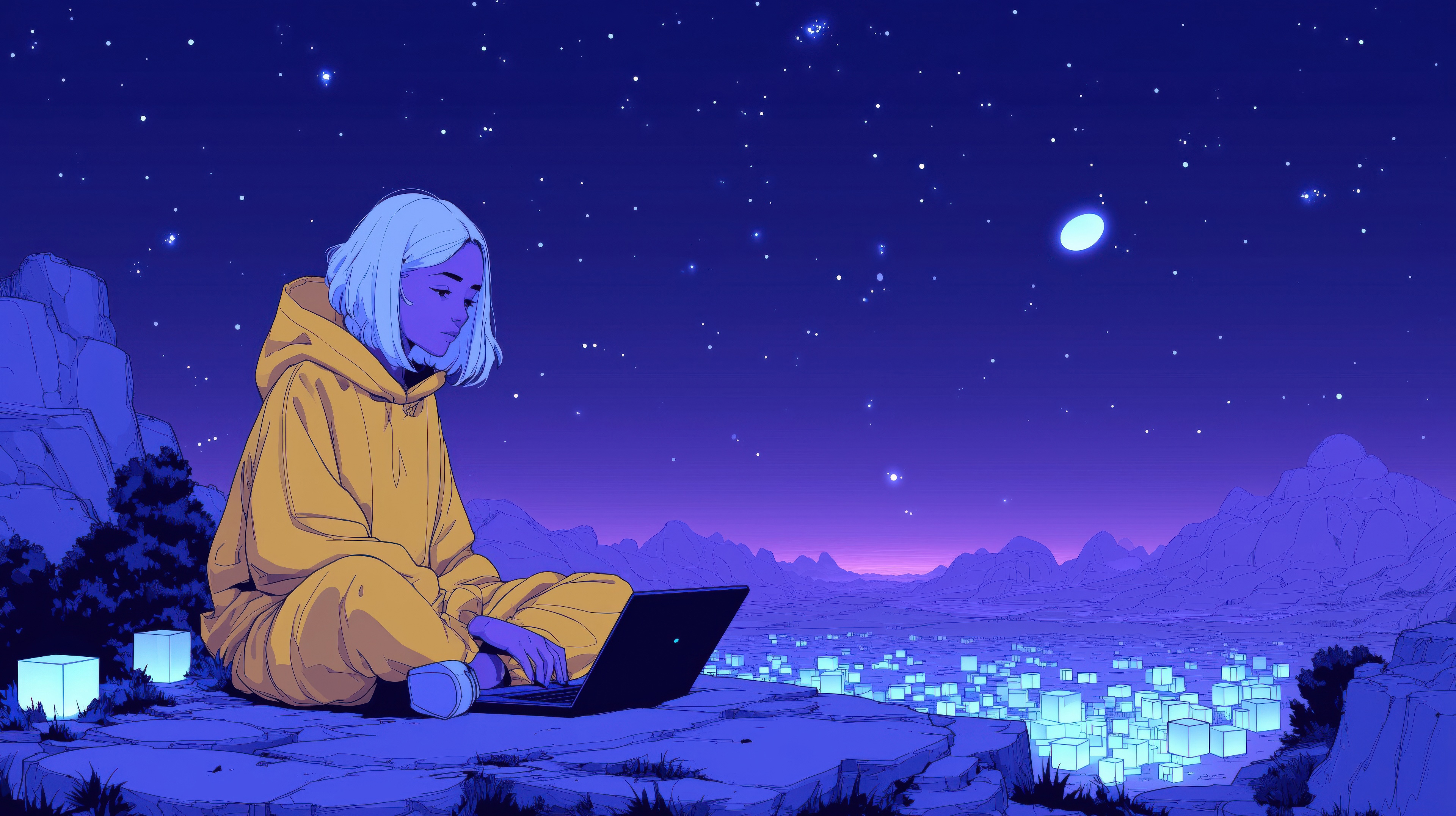 Girl with white hair using a laptop in mountain hills HD Wallpaper