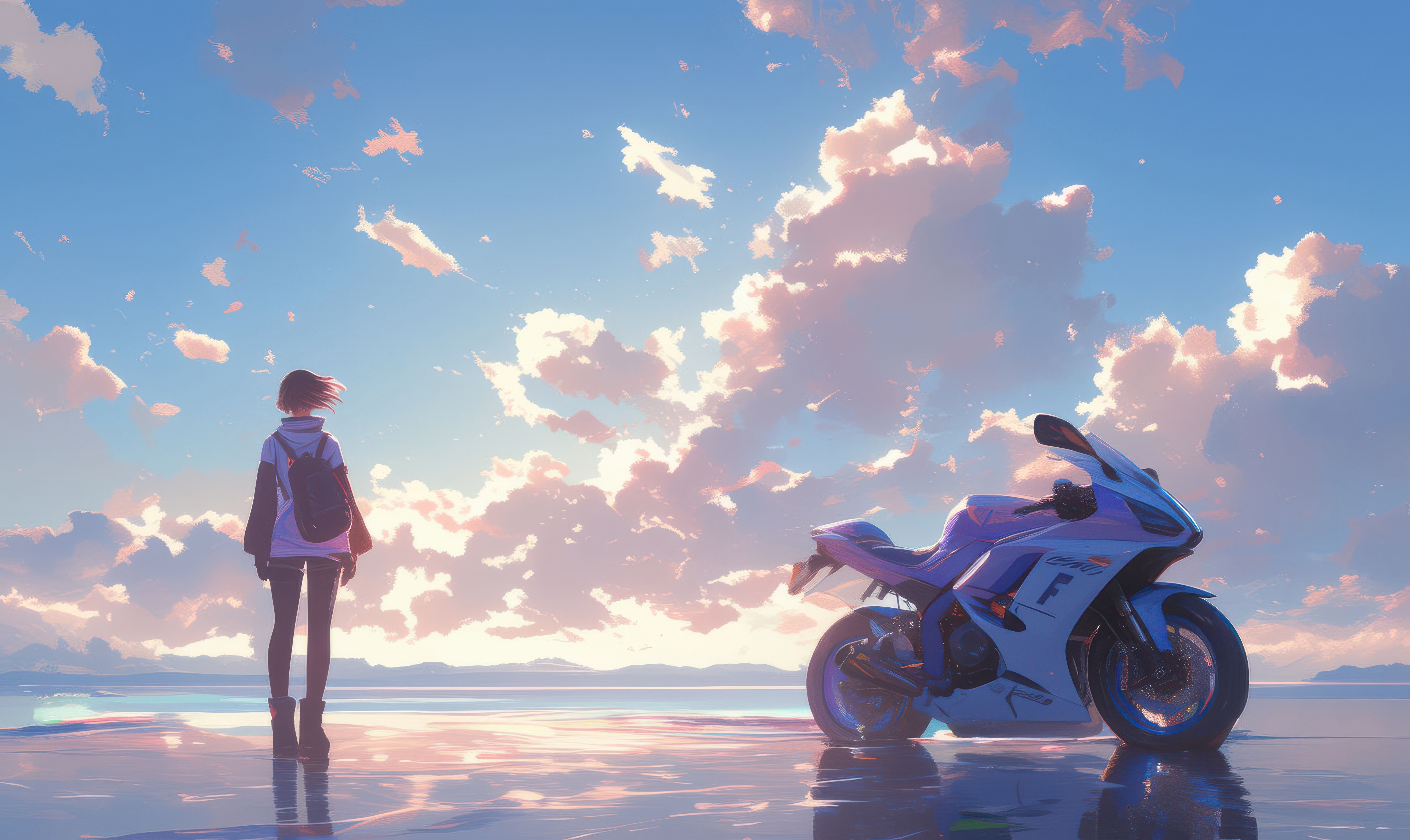 Anime girl and motorcycle on a reflective beach HD Wallpaper