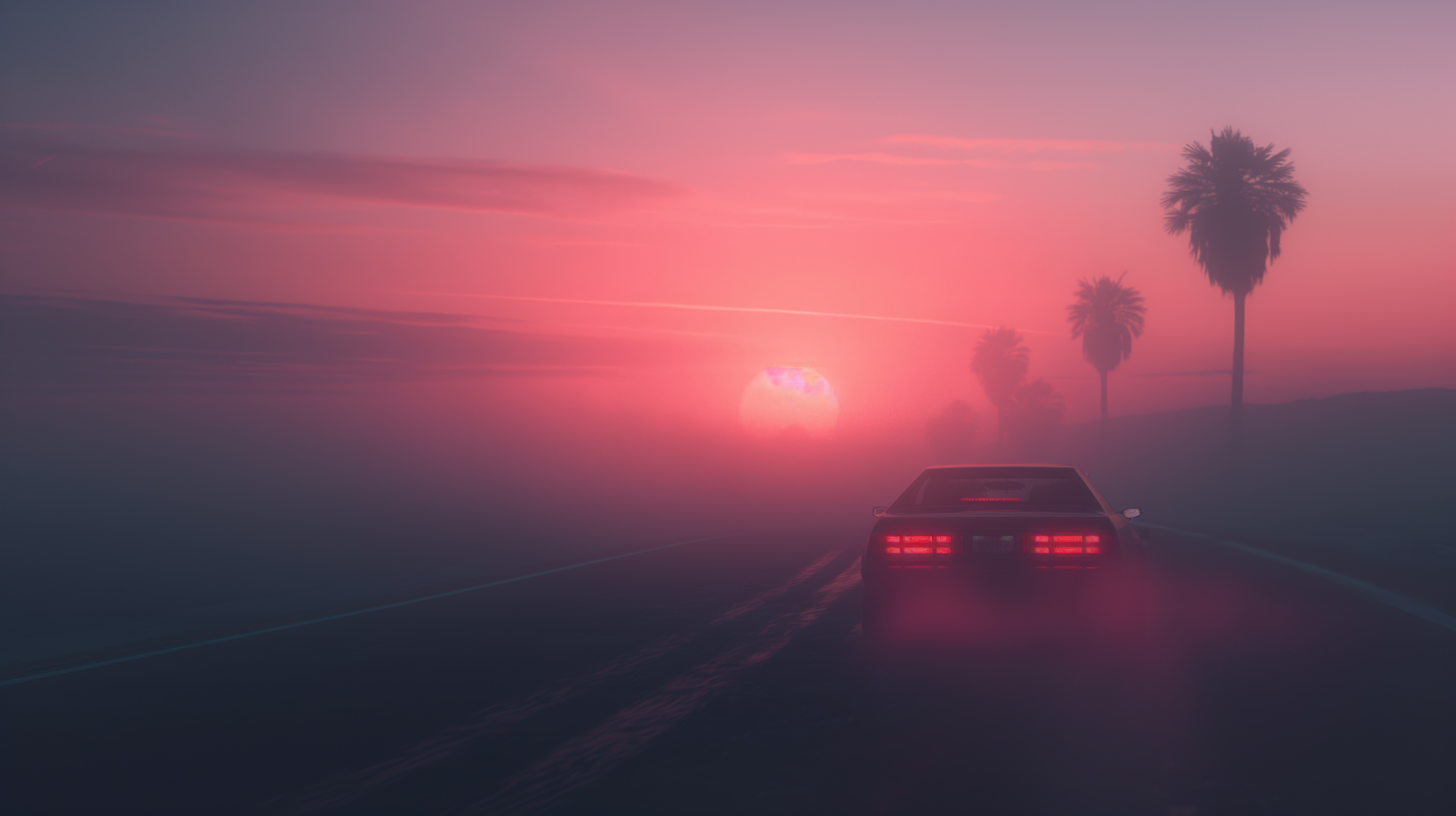 Car driving on misty road at sunset with palm trees HD Wallpaper