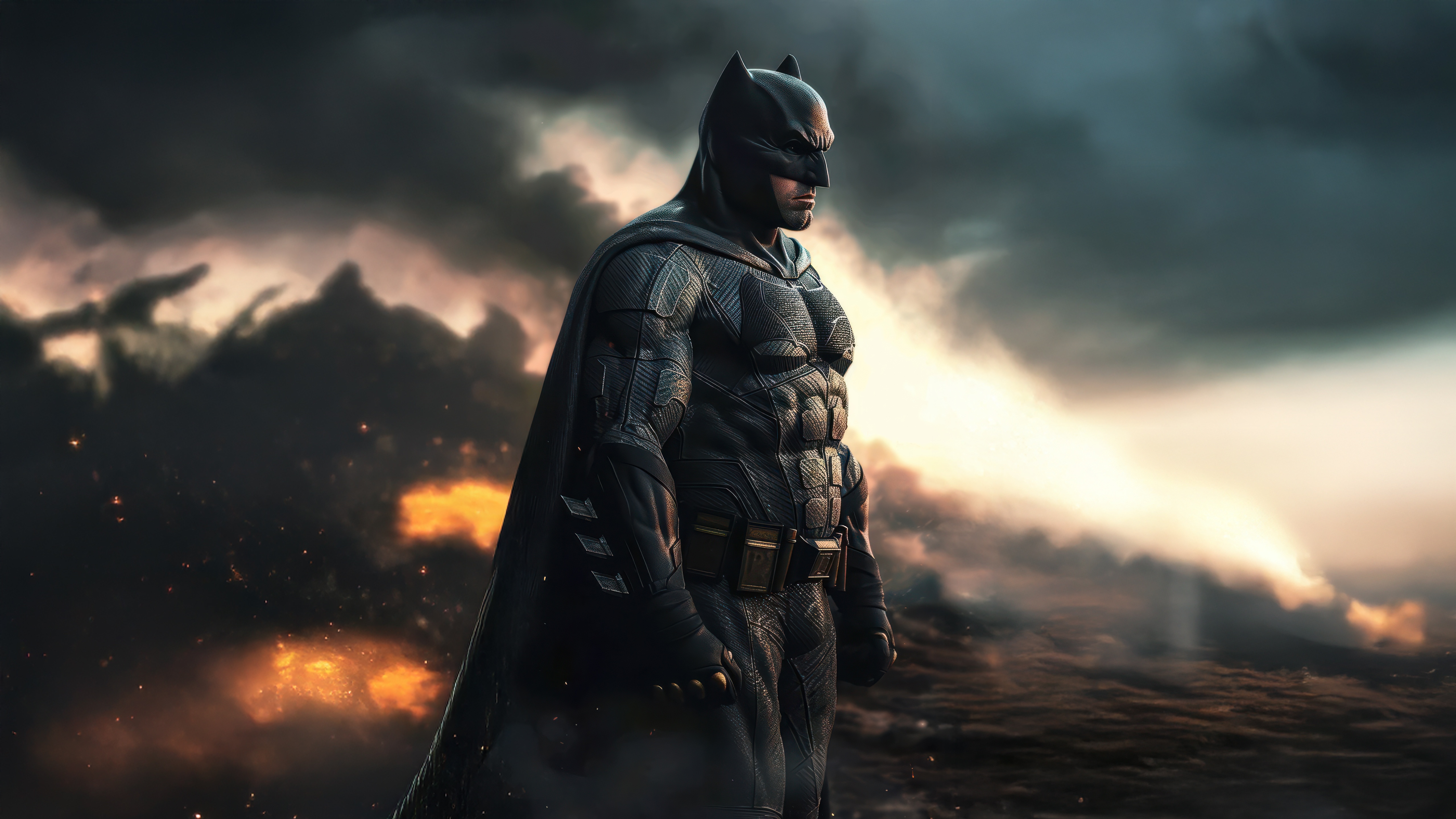 Batman in a dark, stormy city HD Wallpaper
