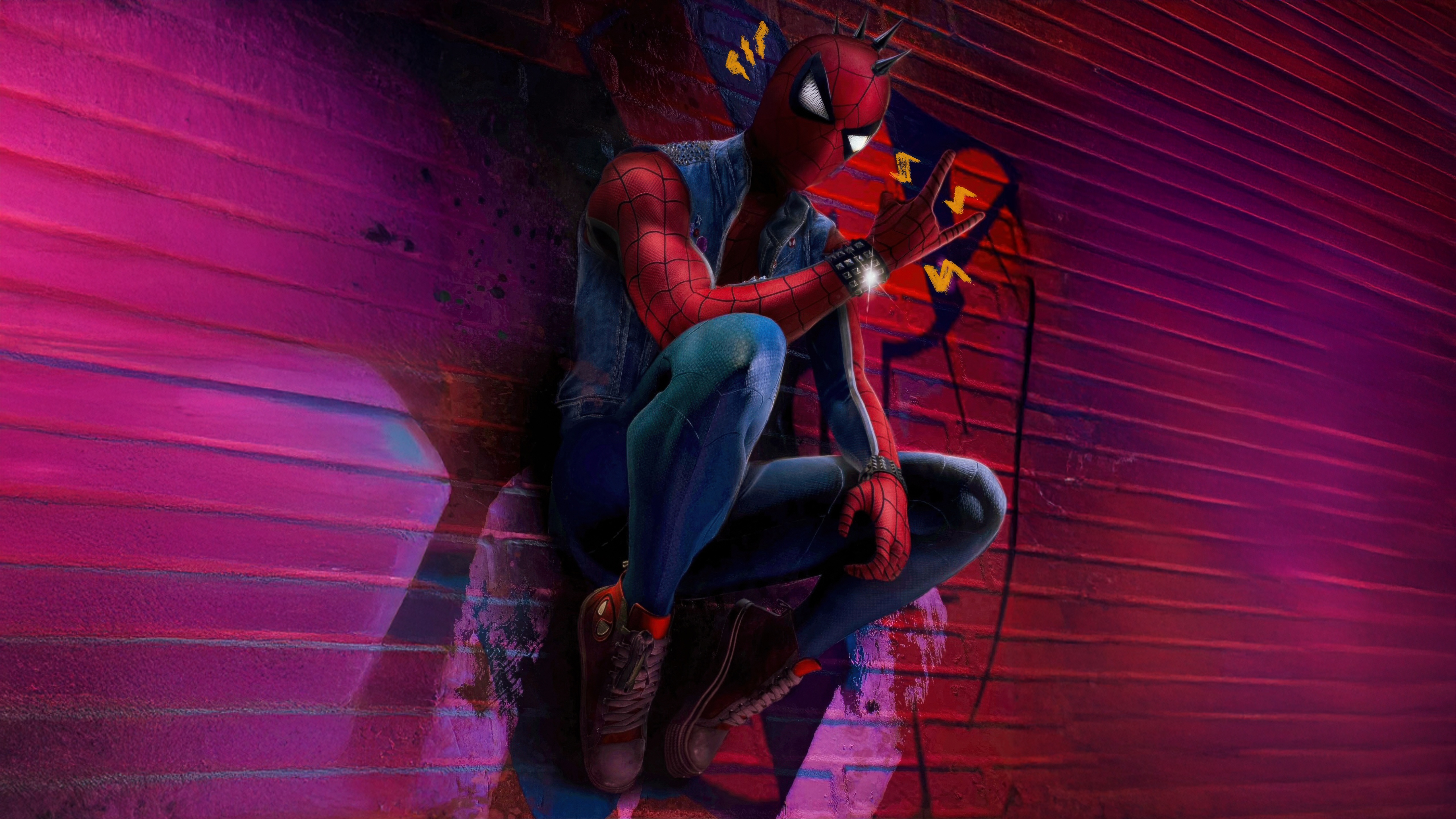 Spider-Punk sitting on a wall with graffiti HD Wallpaper