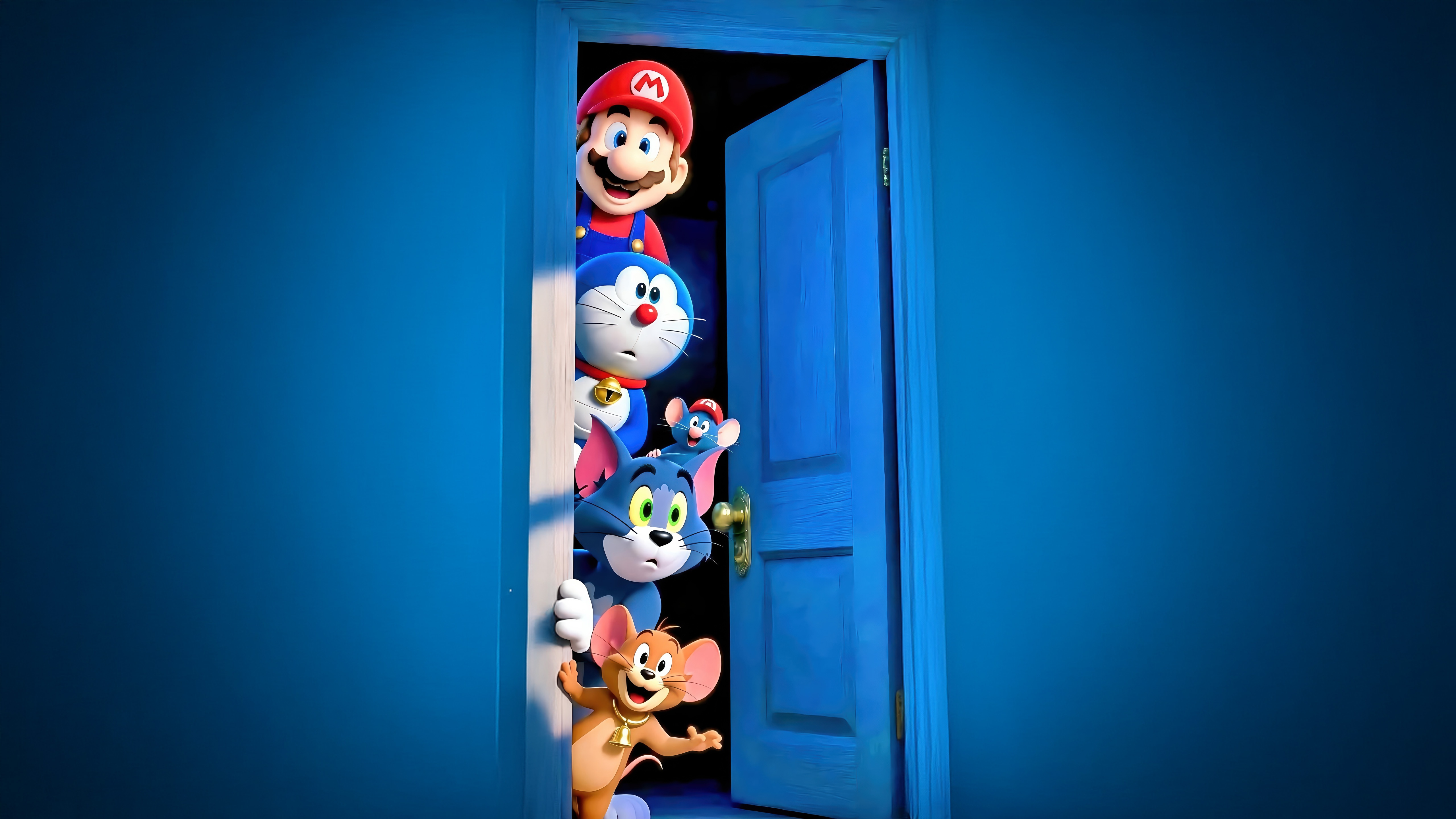 Mario, Doraemon, Tom and Jerry peeking from a blue door HD Wallpaper