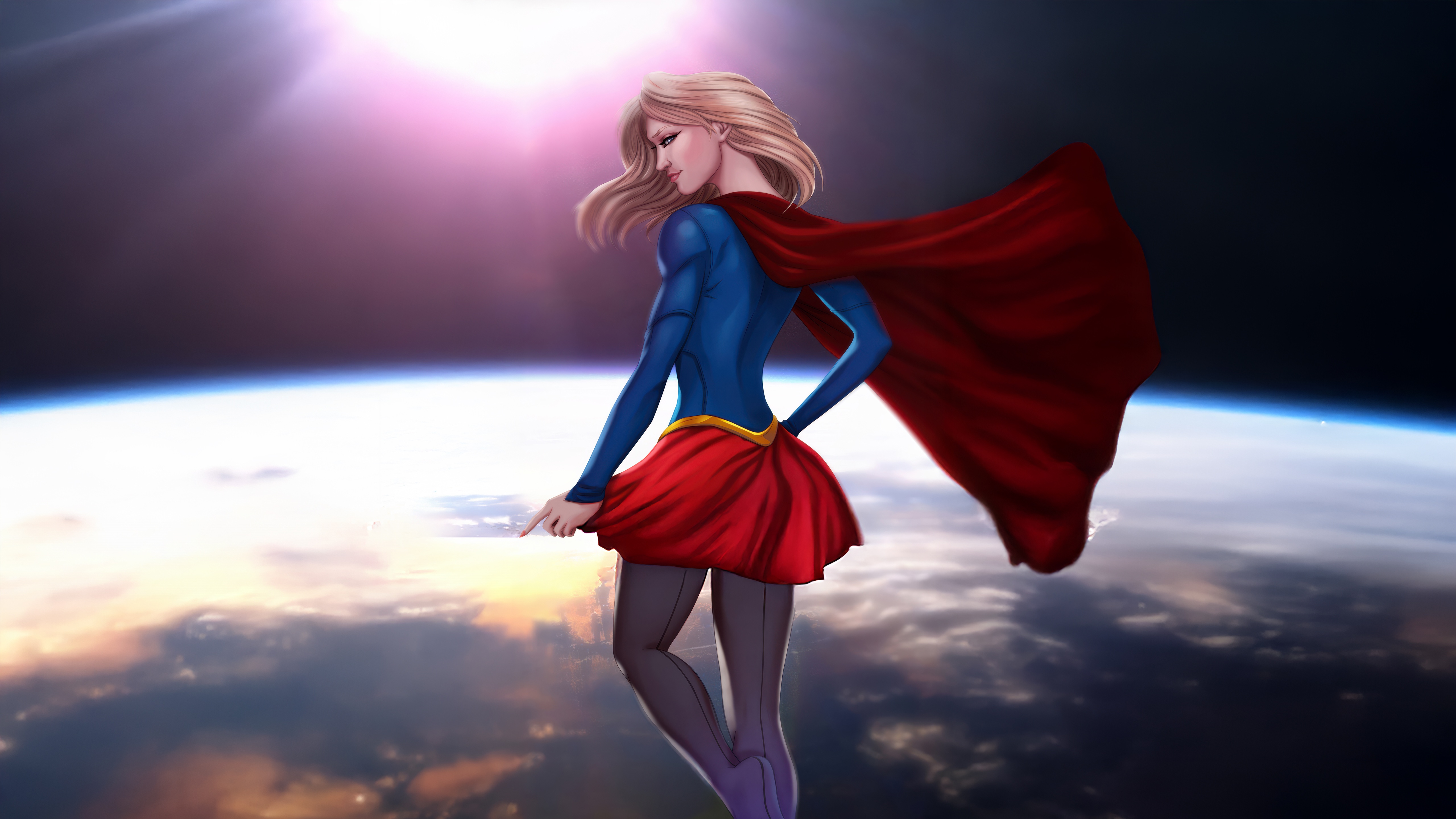 Supergirl in a red cape flying above Earth HD Wallpaper