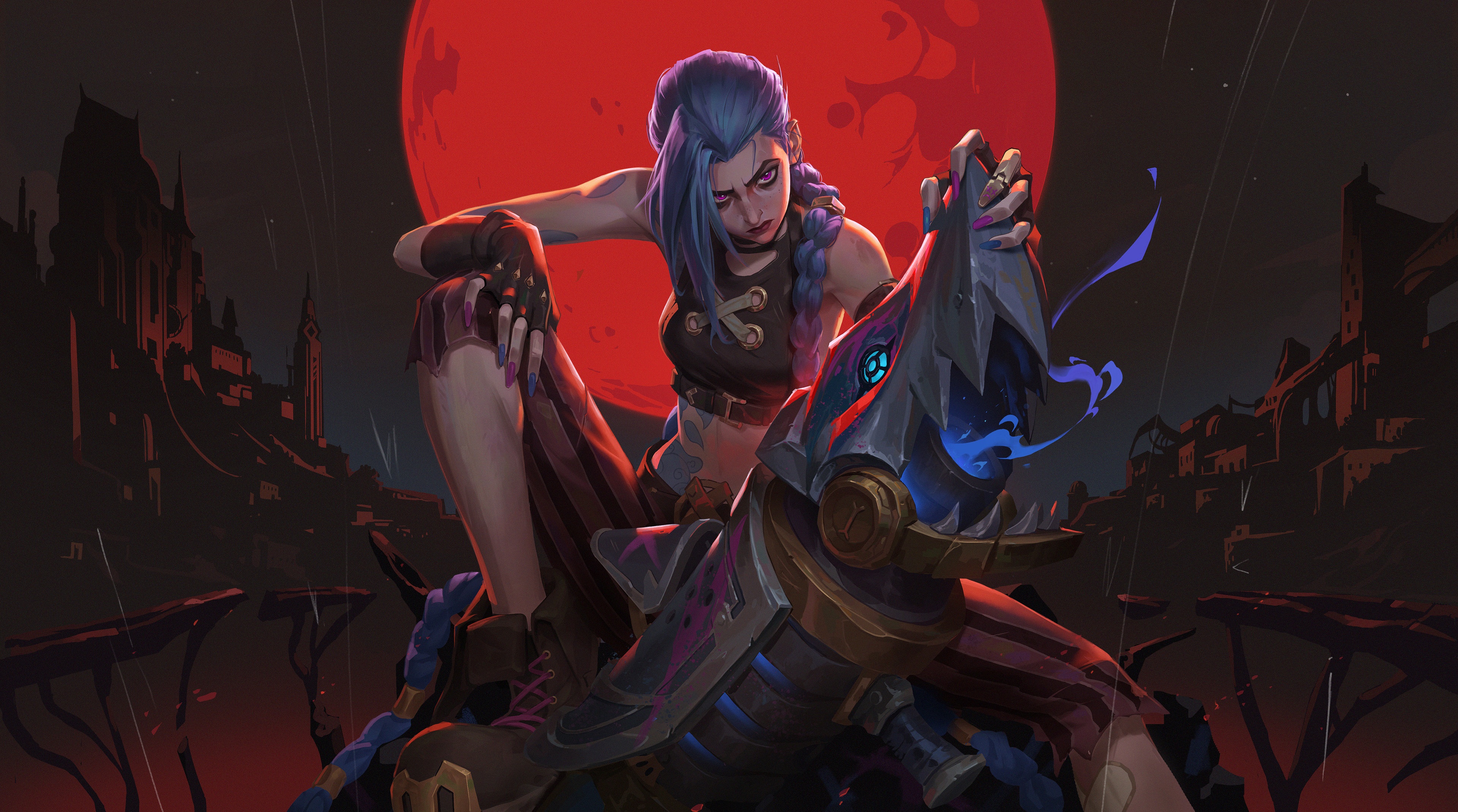 Jinx sits on a creature with a red moon behind her HD Wallpaper