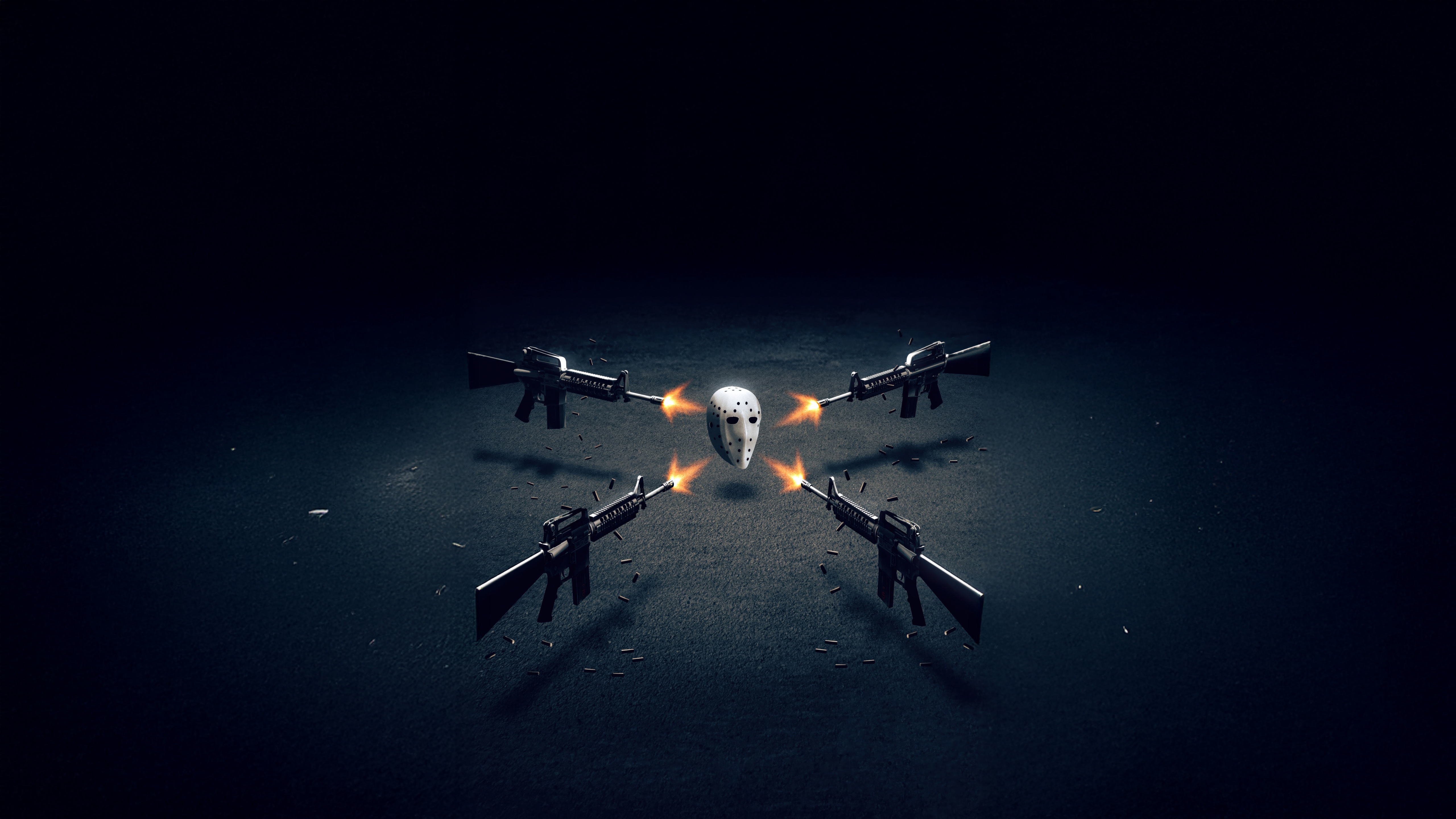 Hockey Mask Surrounded by Firing Rifles HD Wallpaper
