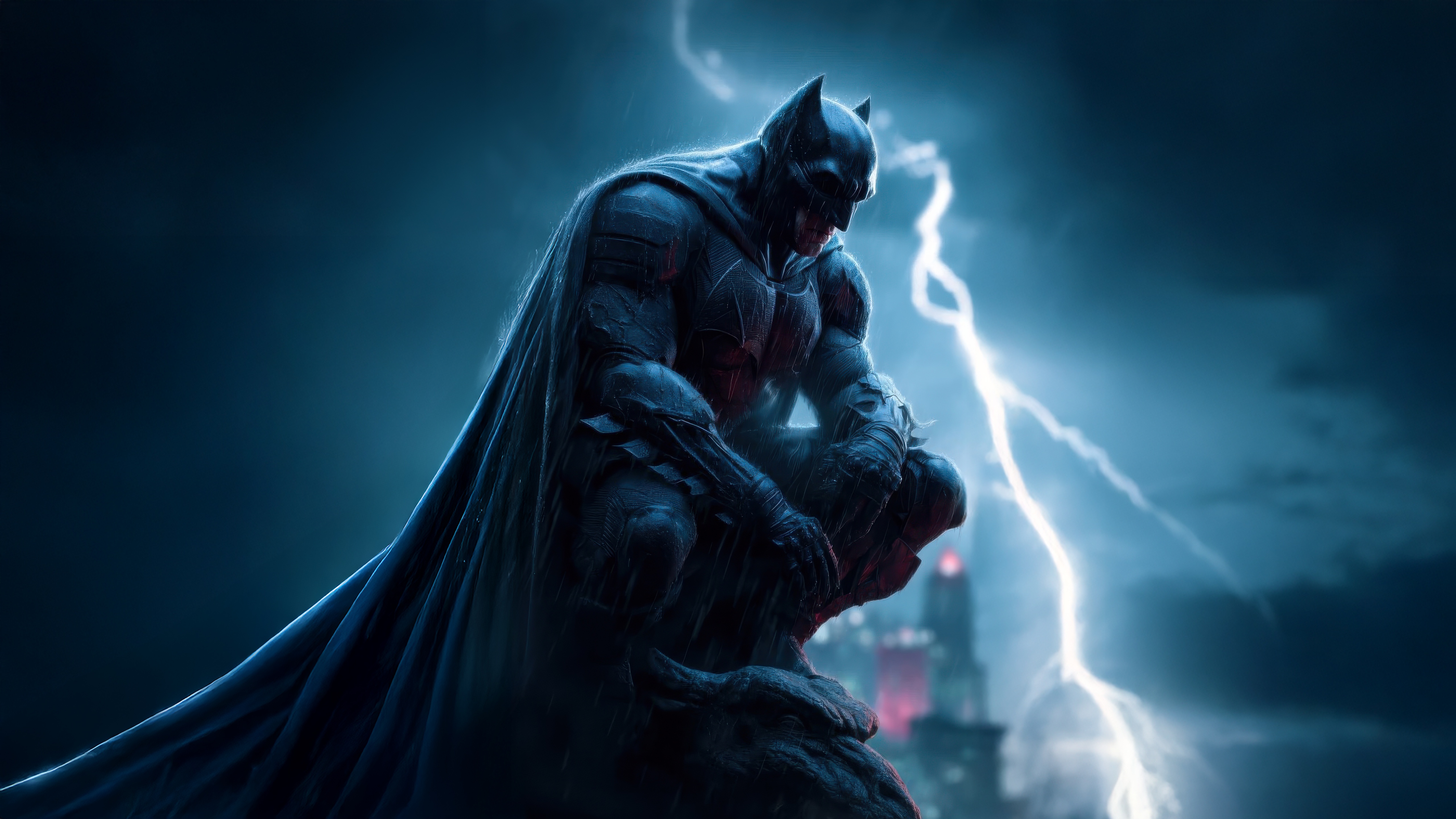Batman Crouching on a Gargoyle During a Lightning Storm HD Wallpaper