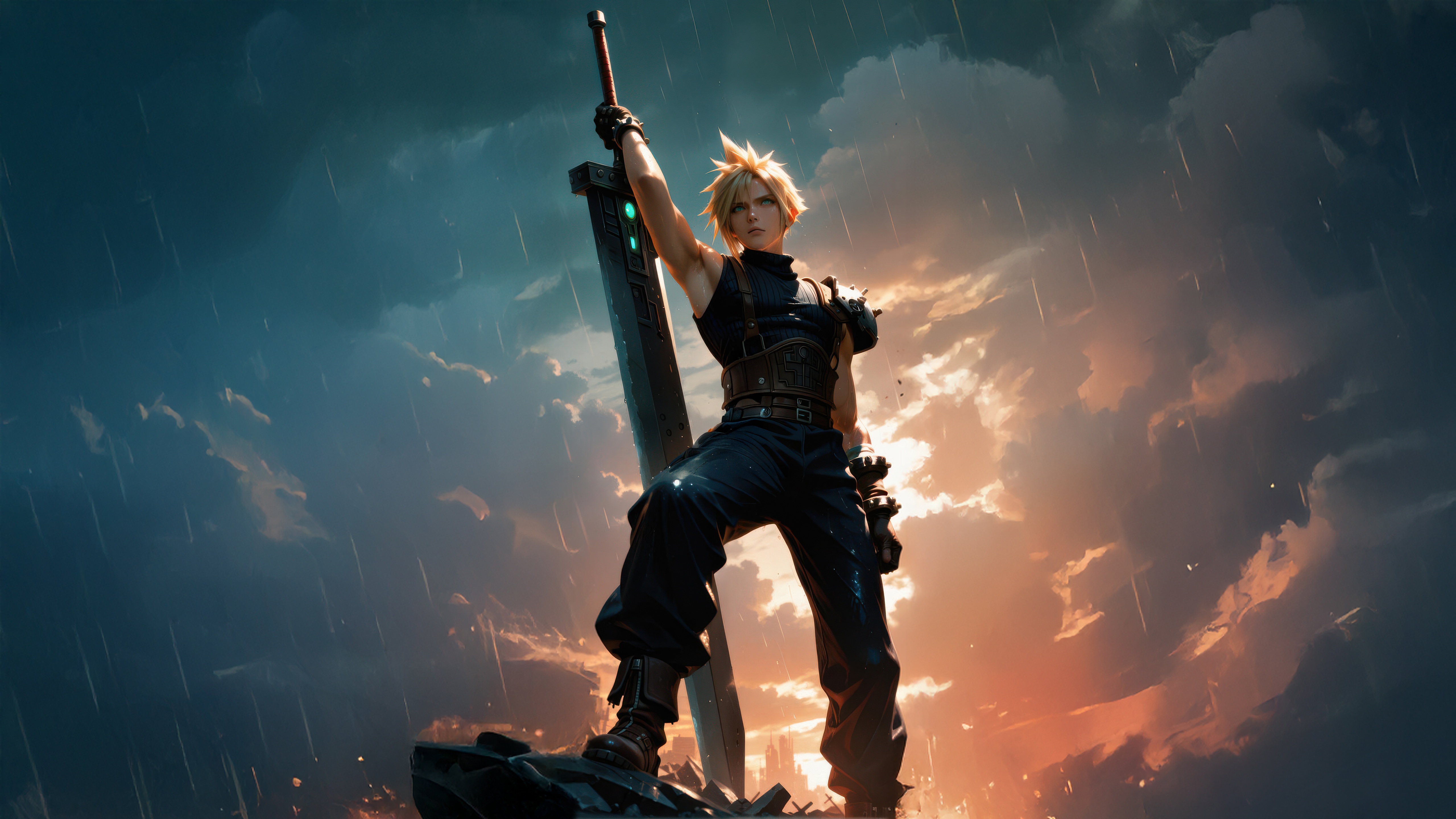 Cloud Strife with Buster Sword in stormy sky HD Wallpaper