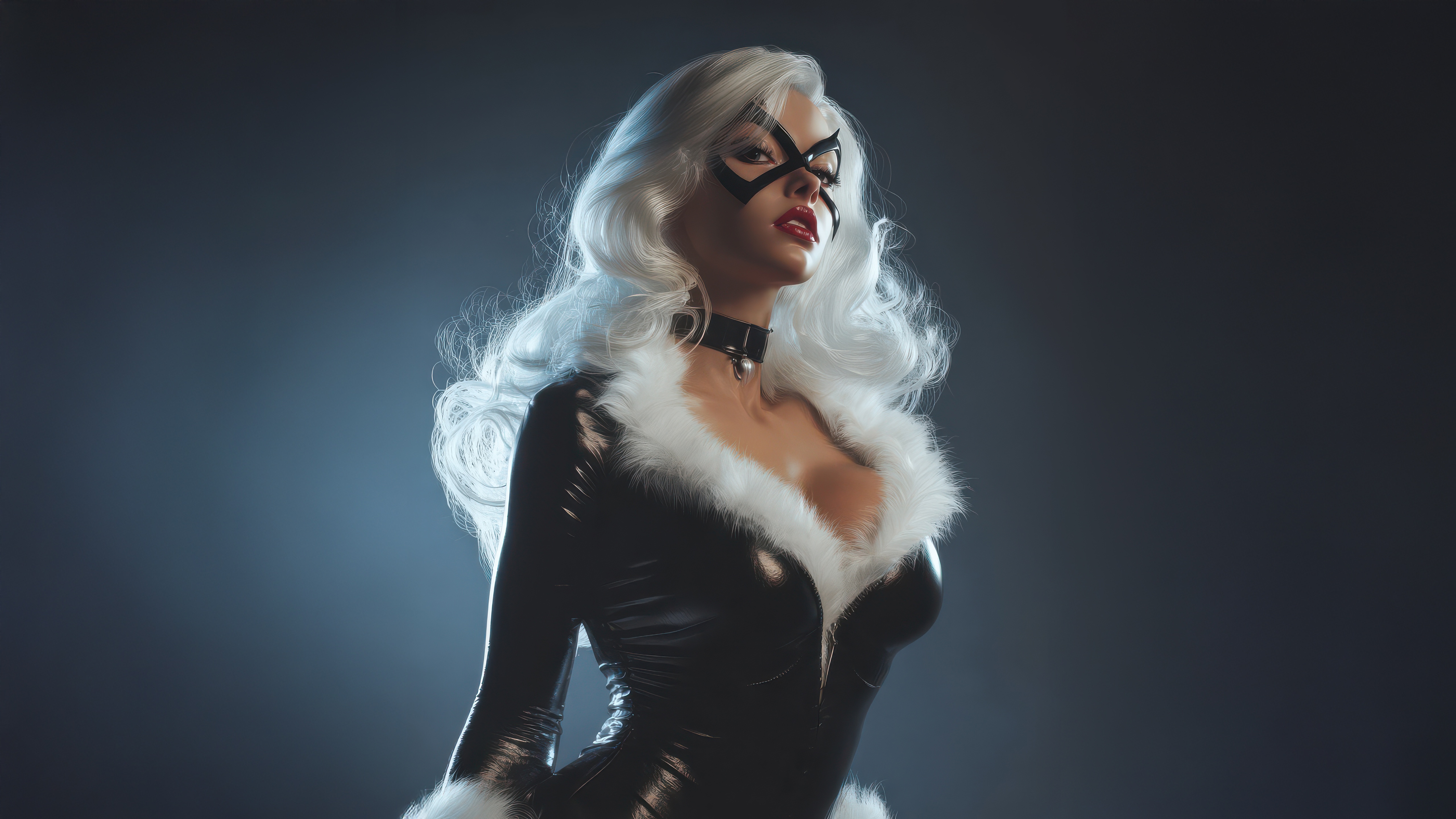 Black Cat Cosplay with White Wig and Mask HD Wallpaper