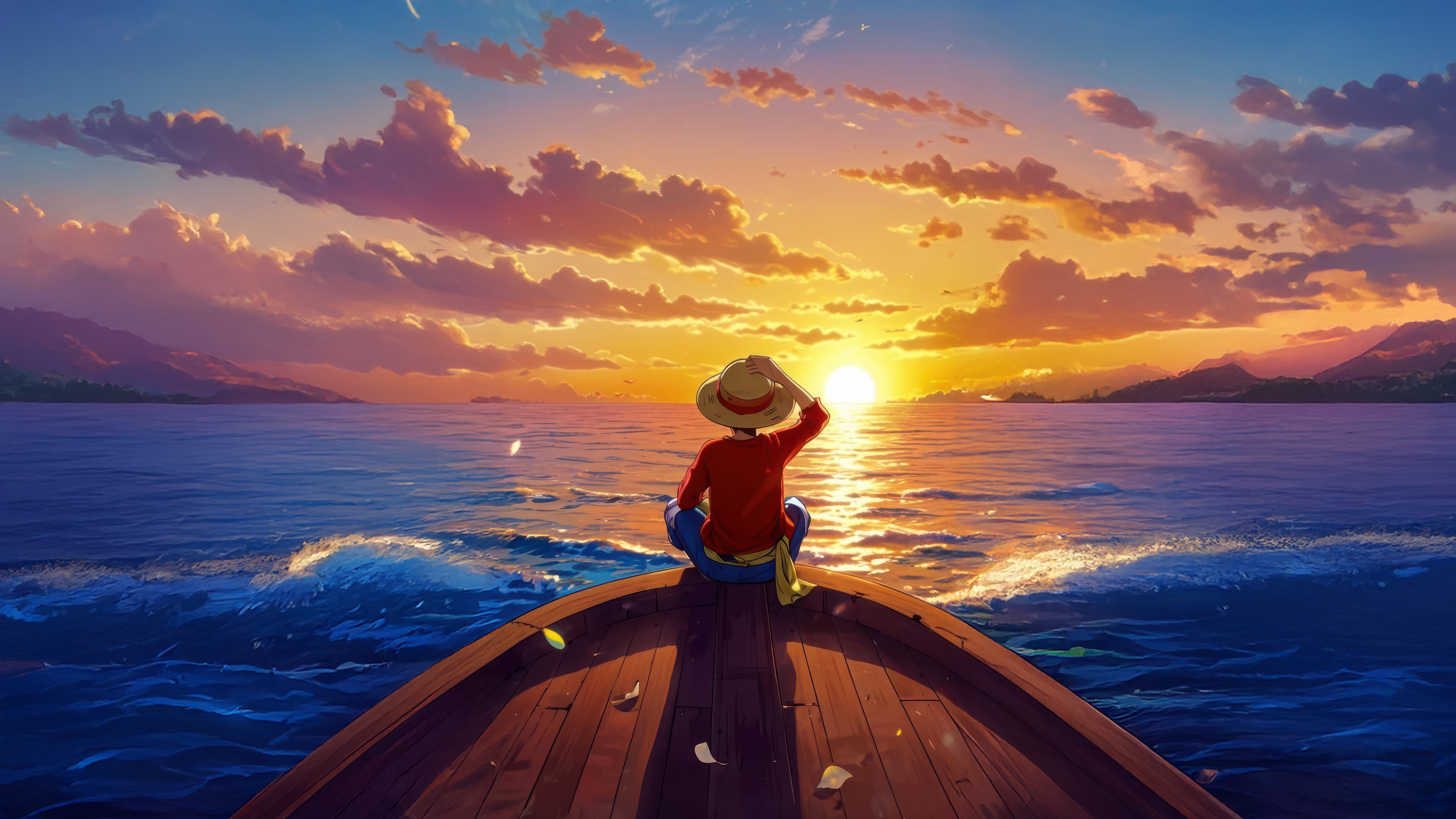 Monkey D. Luffy on a boat at sunset HD Wallpaper