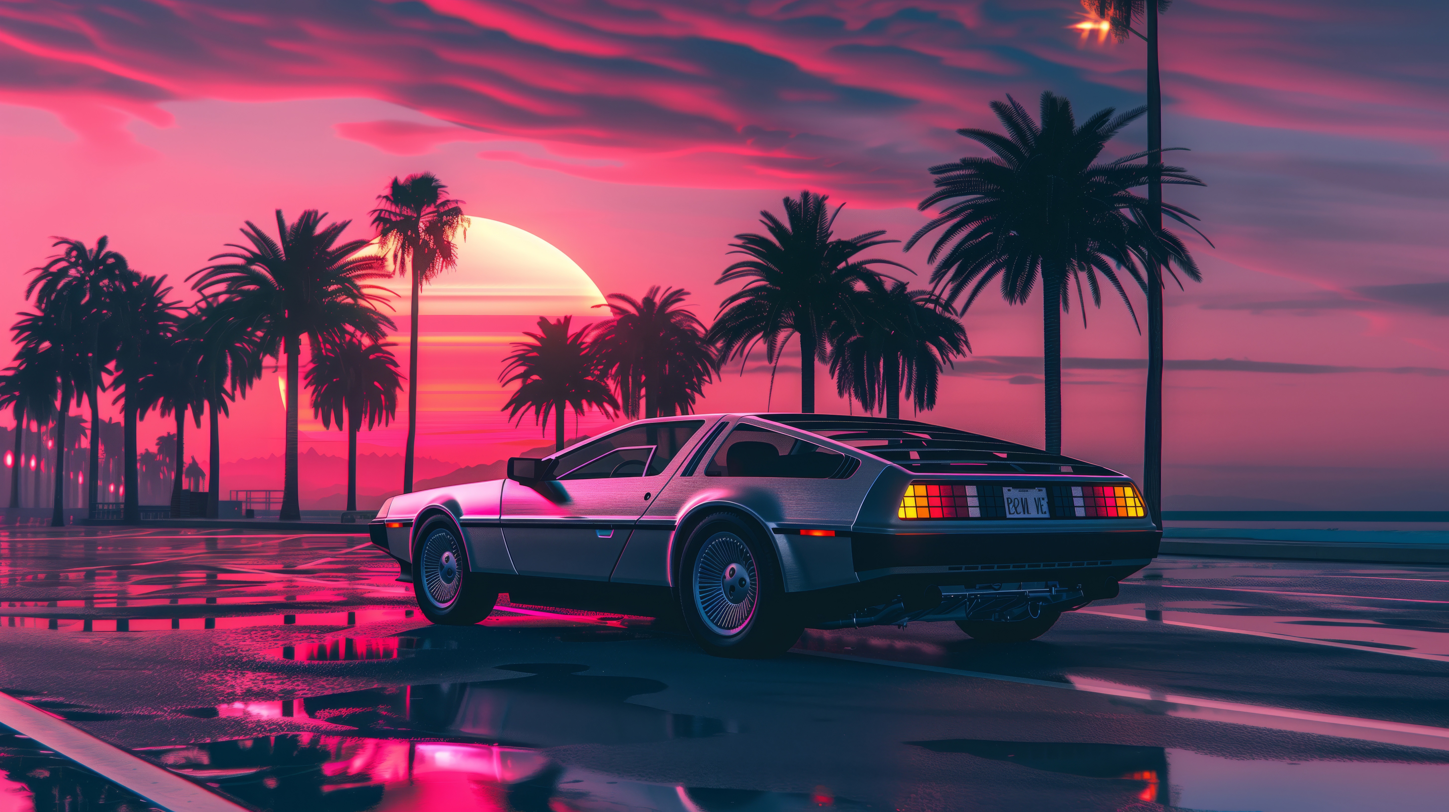 Delorean car on a wet road at sunset with palm trees HD Wallpaper