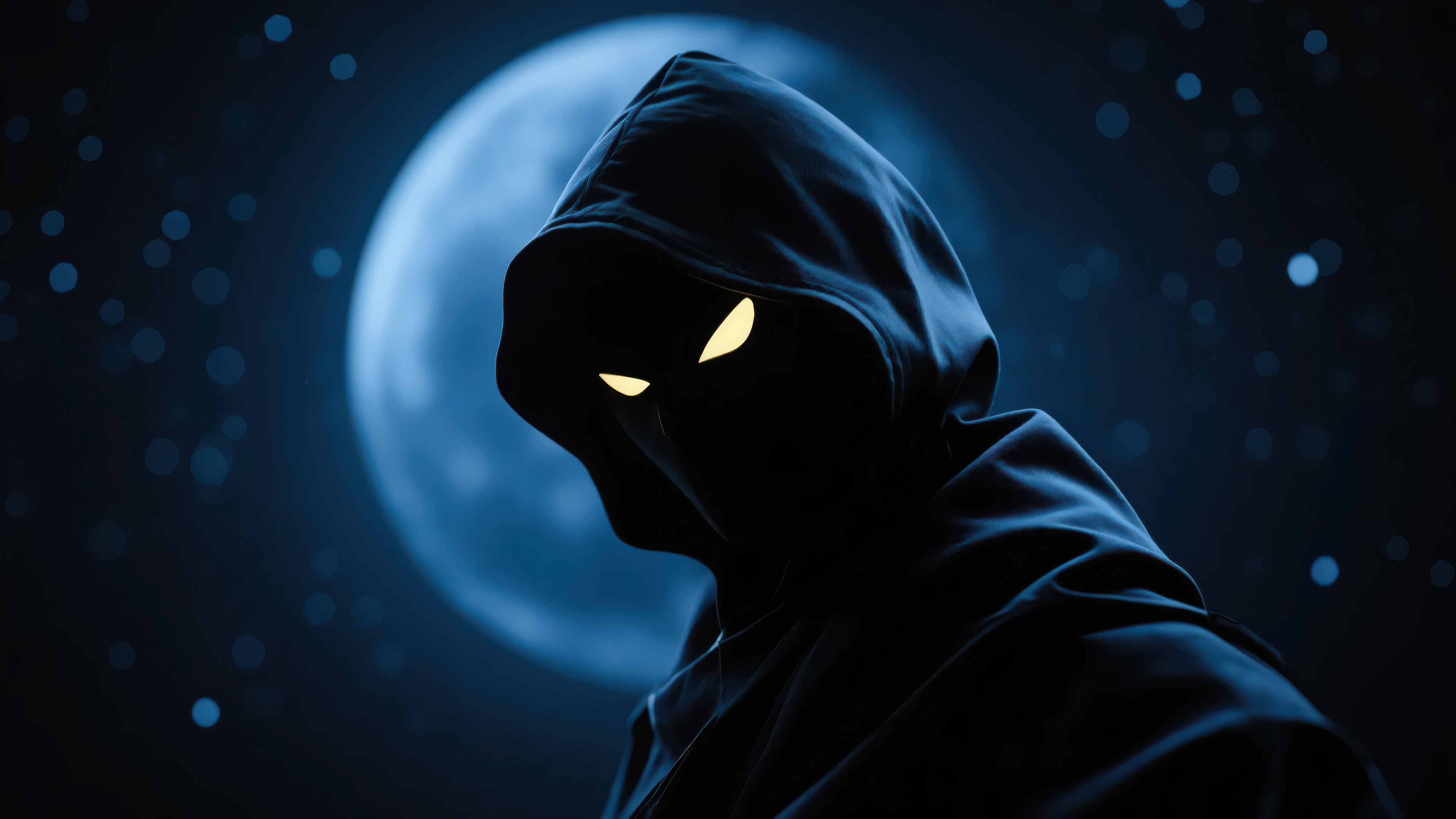 Mysterious Hooded Man with Glowing Eyes Under Blue Moon HD Wallpaper