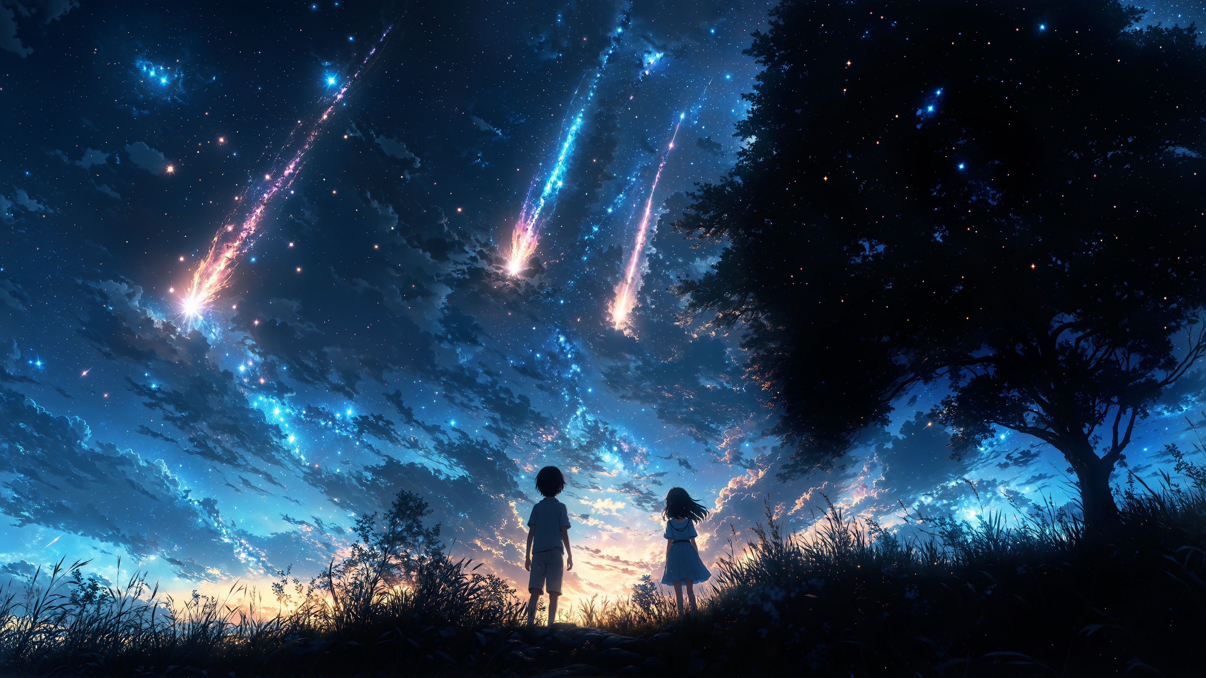 Children watching shooting stars in the night sky HD Wallpaper