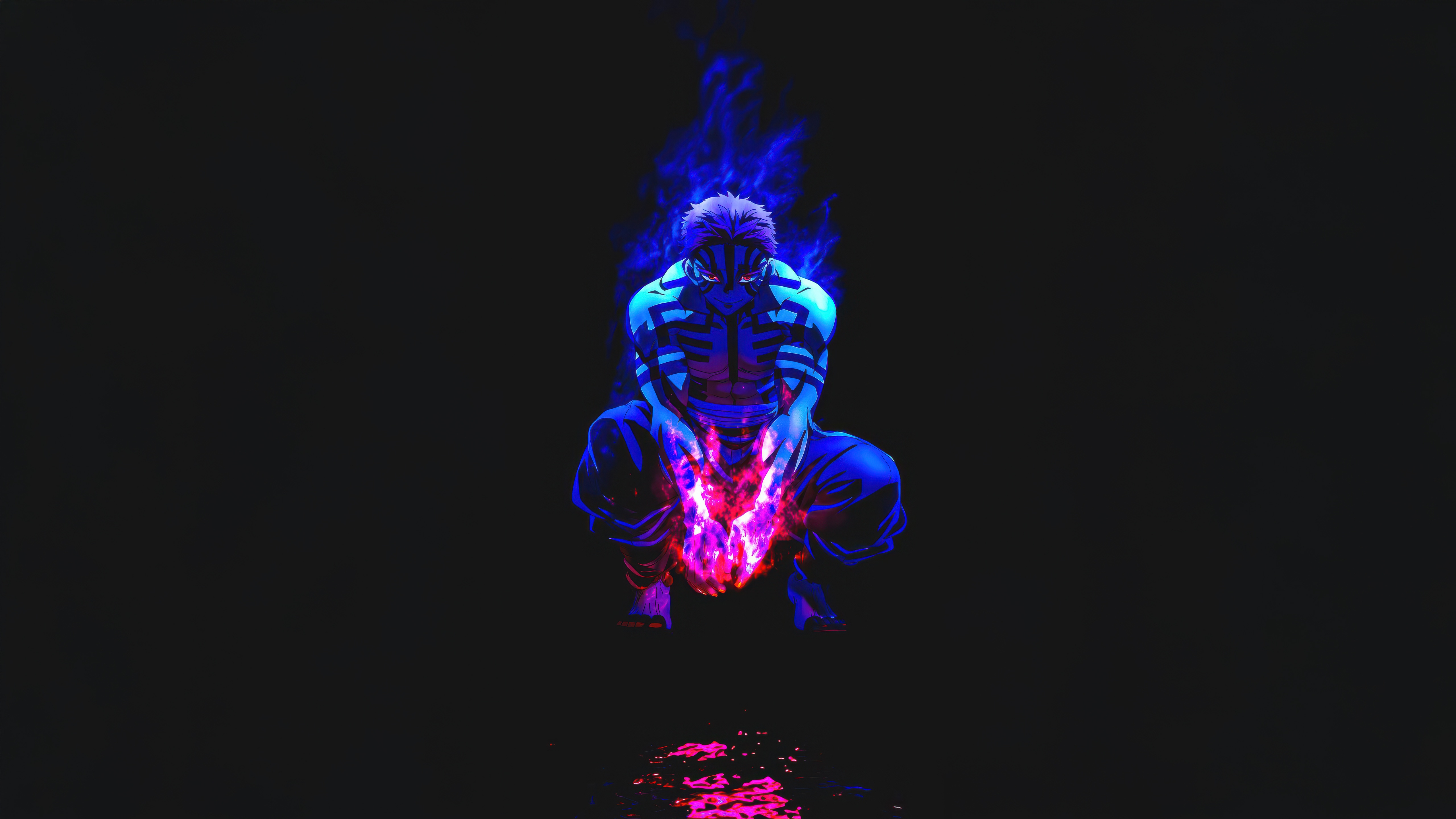 Akaza From Demon Slayer Crouching with Blue and Pink Flames HD Wallpaper