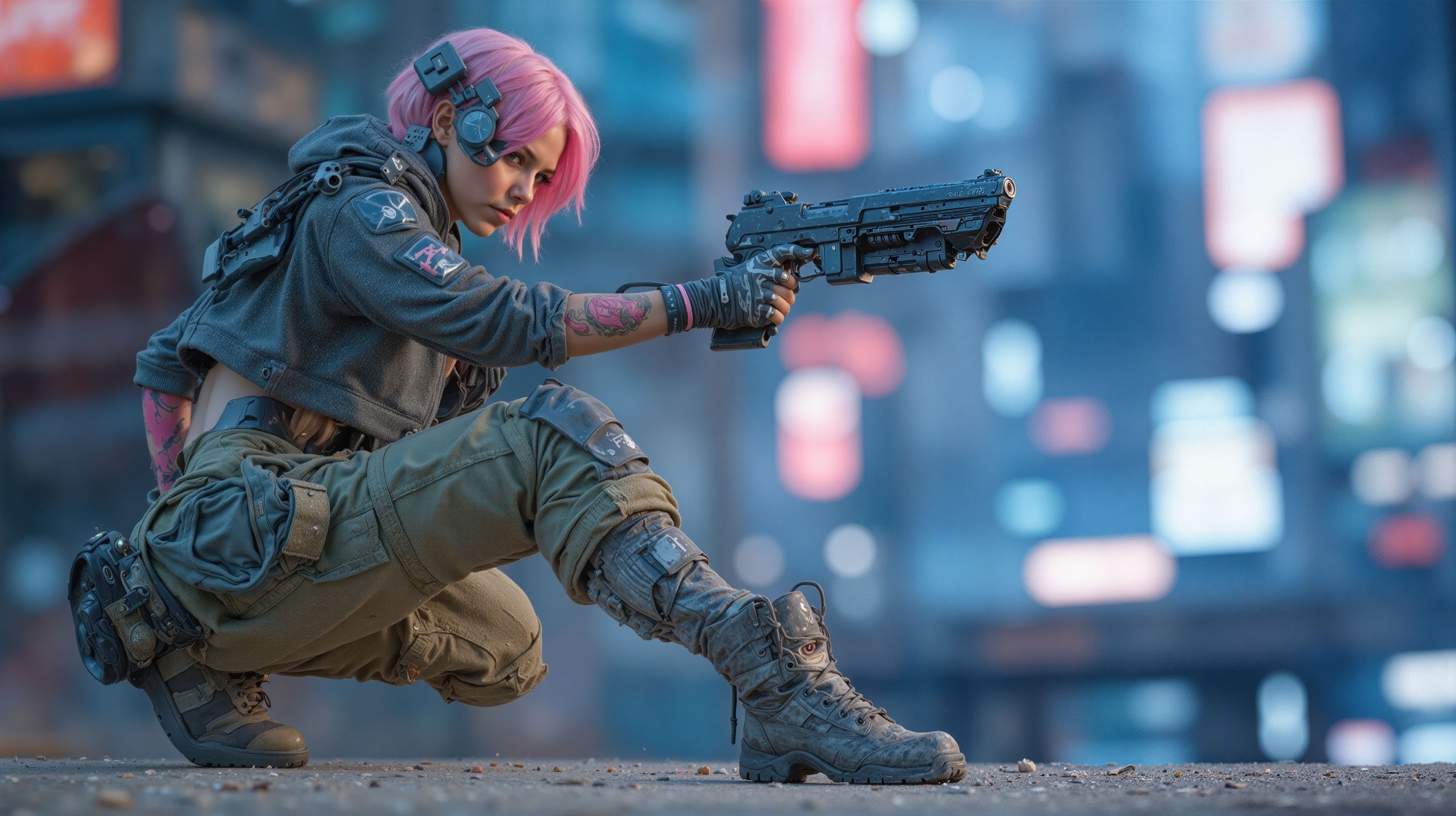 Pink Haired Cyberpunk Girl Holding a Gun HD Wallpaper