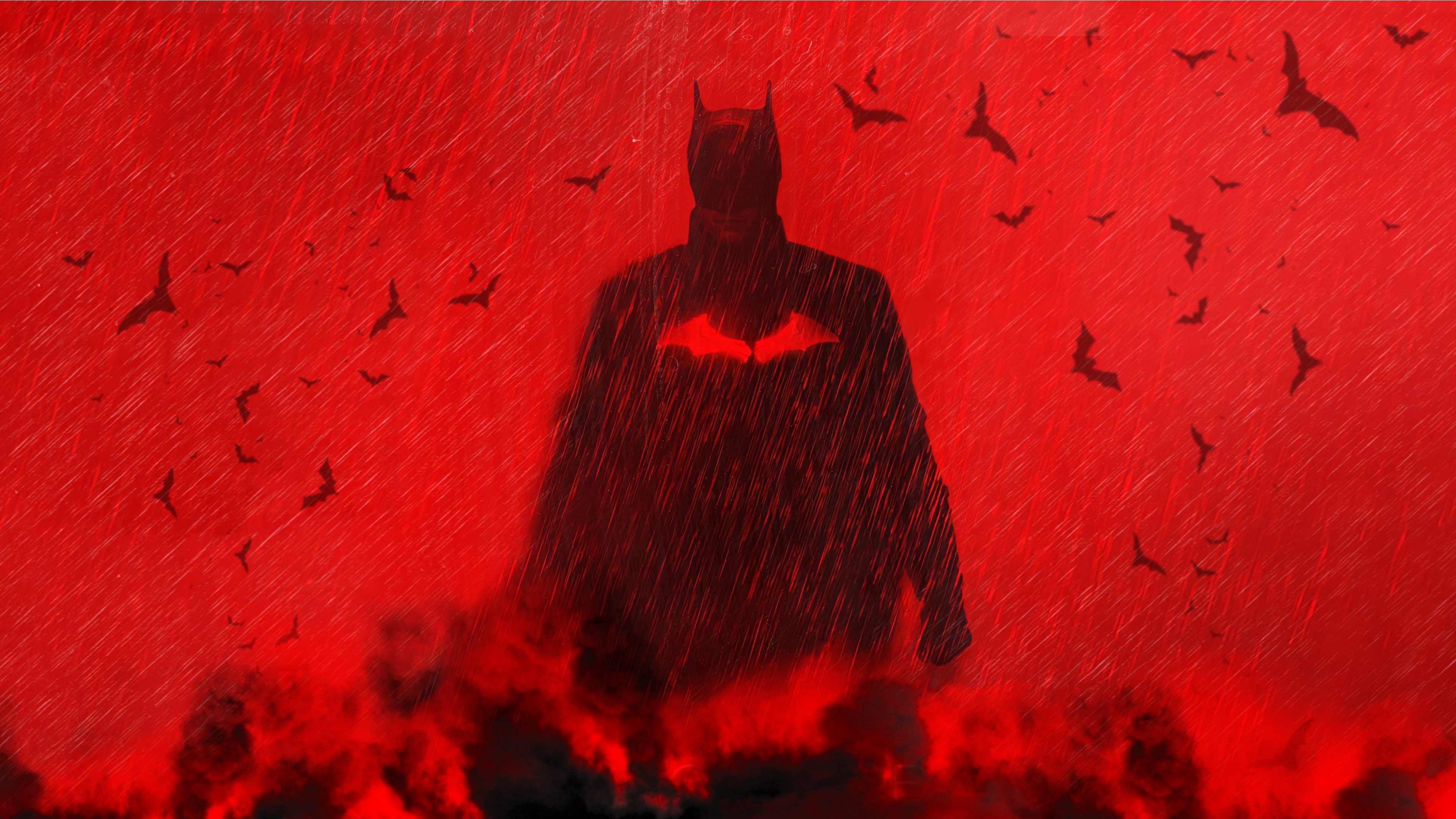The Batman in Red Rain with Bats HD Wallpaper
