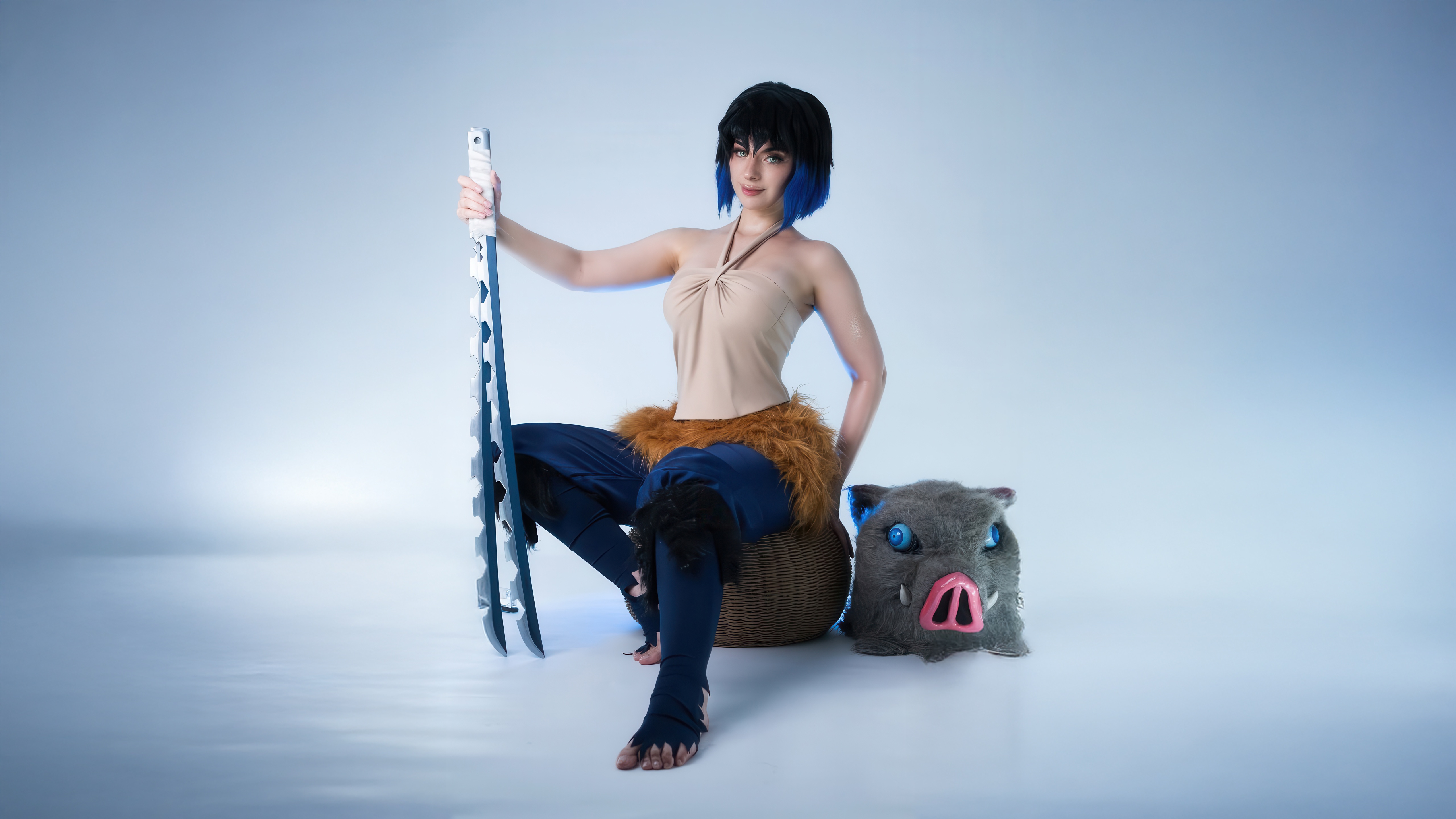 Inosuke Hashibira Cosplay with Boar Mask and Swords HD Wallpaper