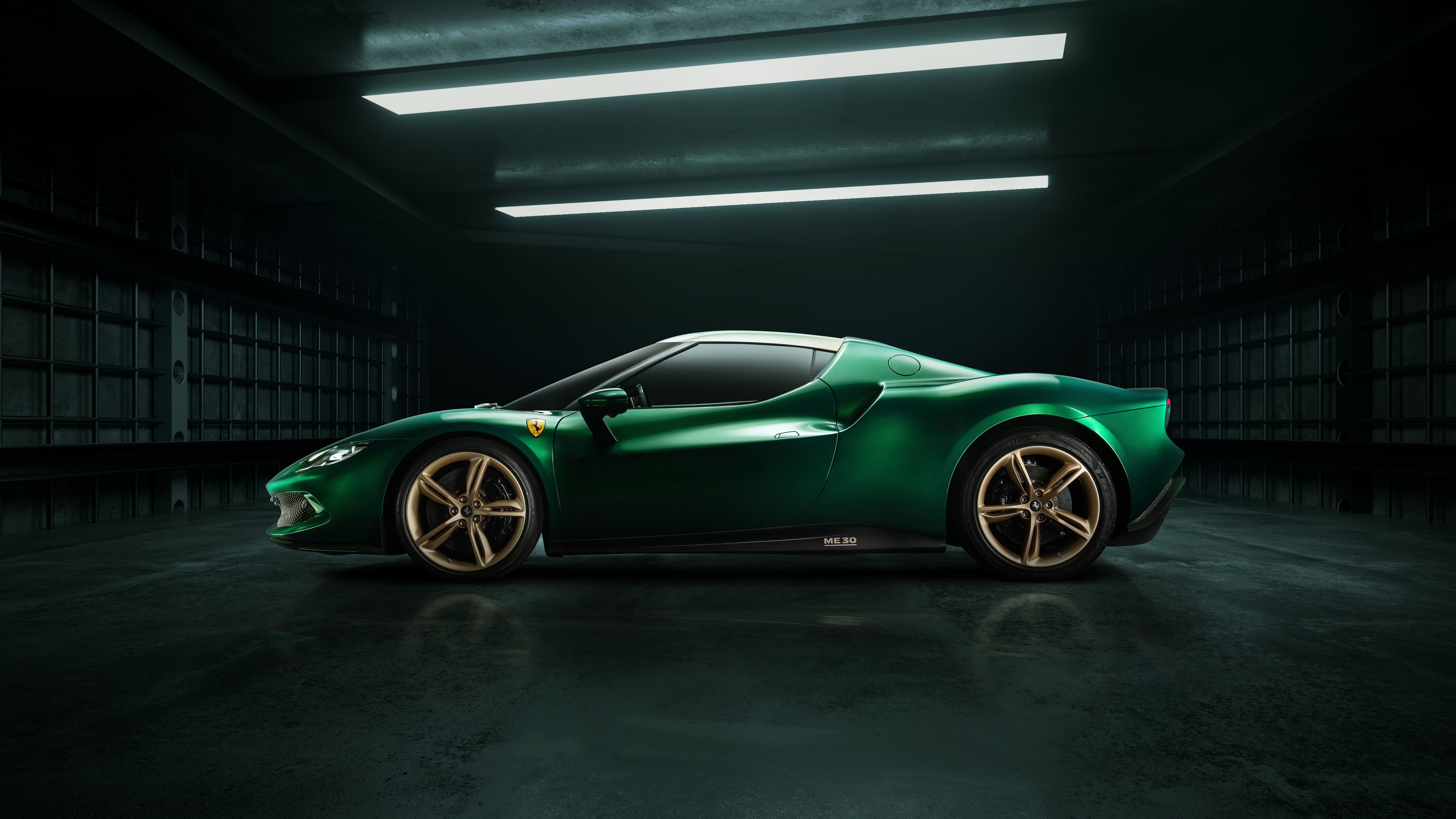 Green Ferrari 296 GTB ME30 in a dark garage HD Wallpaper