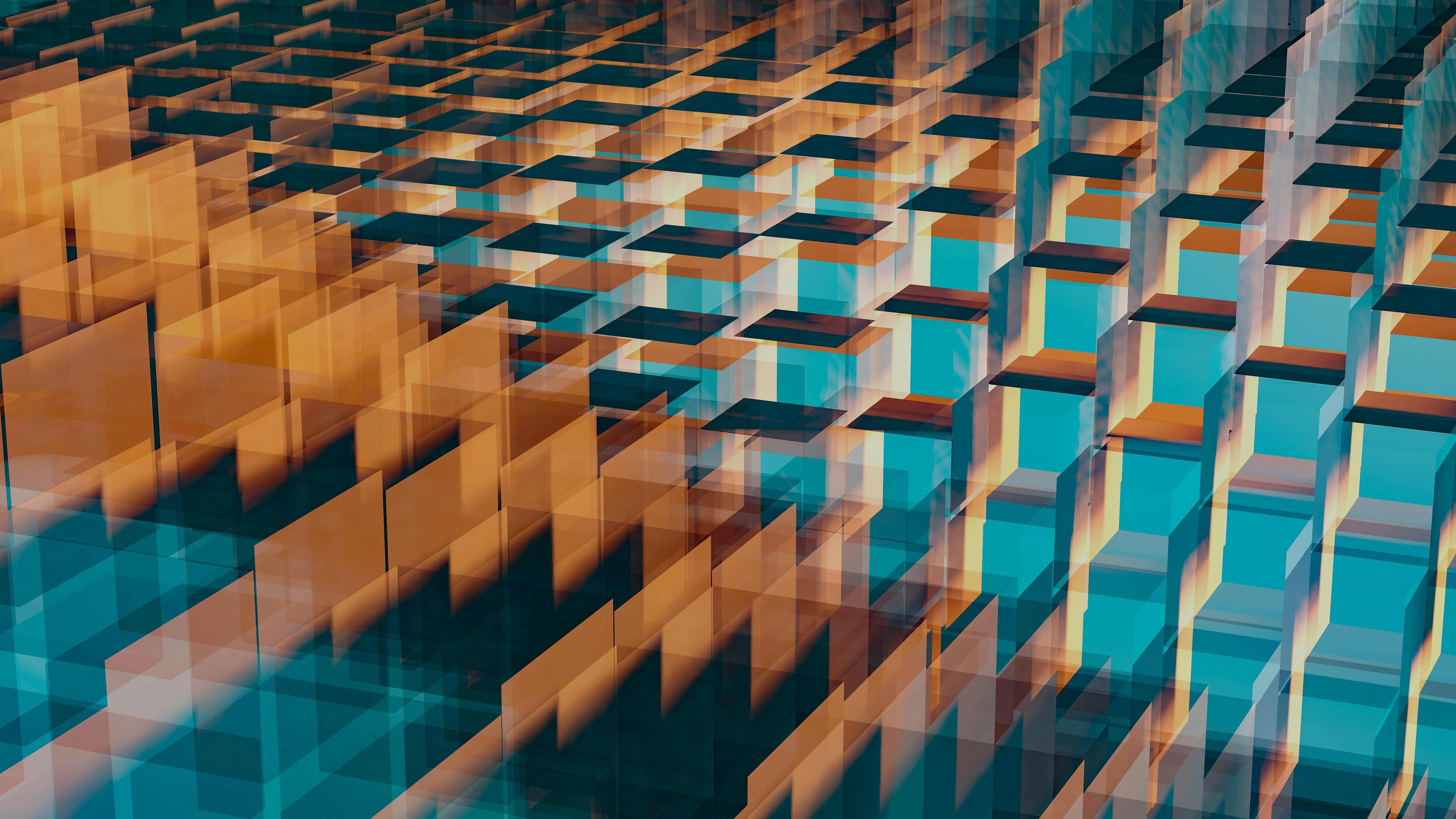 Abstract Geometric Cube Design with Orange and Teal Tones HD Wallpaper