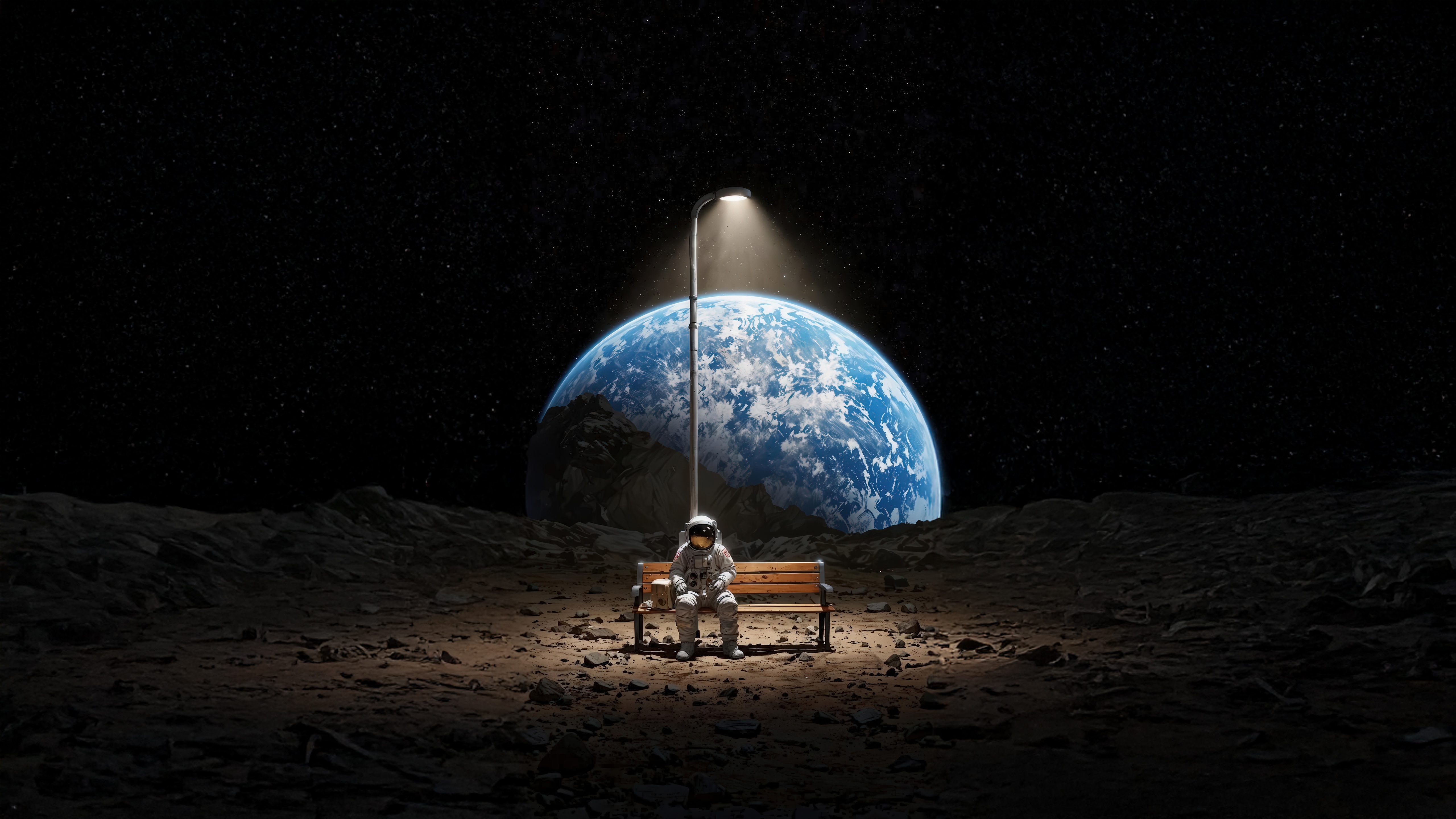 Astronaut on Moon bench viewing Earth HD Wallpaper