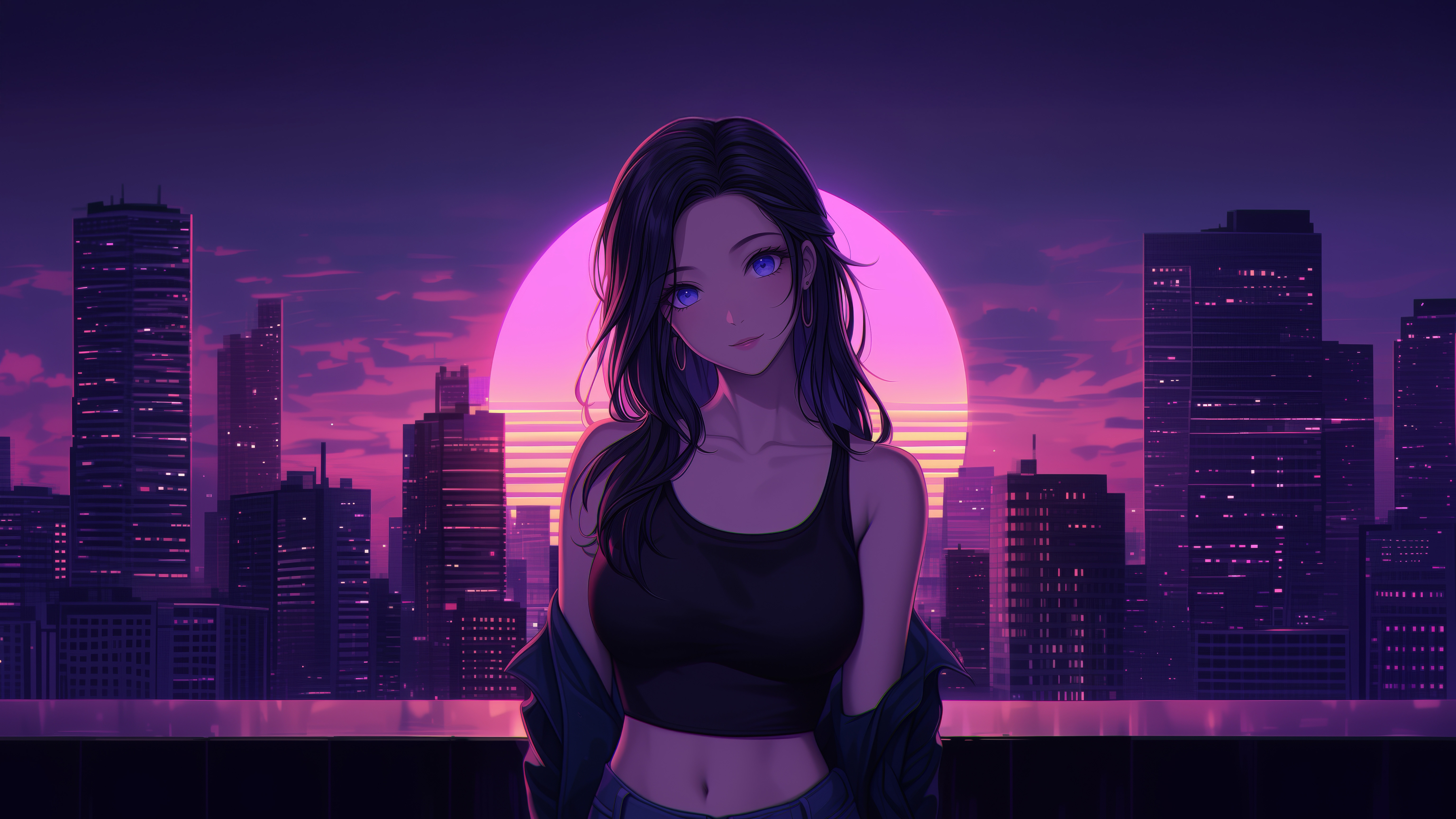 Anime Girl with Blue Eyes in Cityscape HD Wallpaper