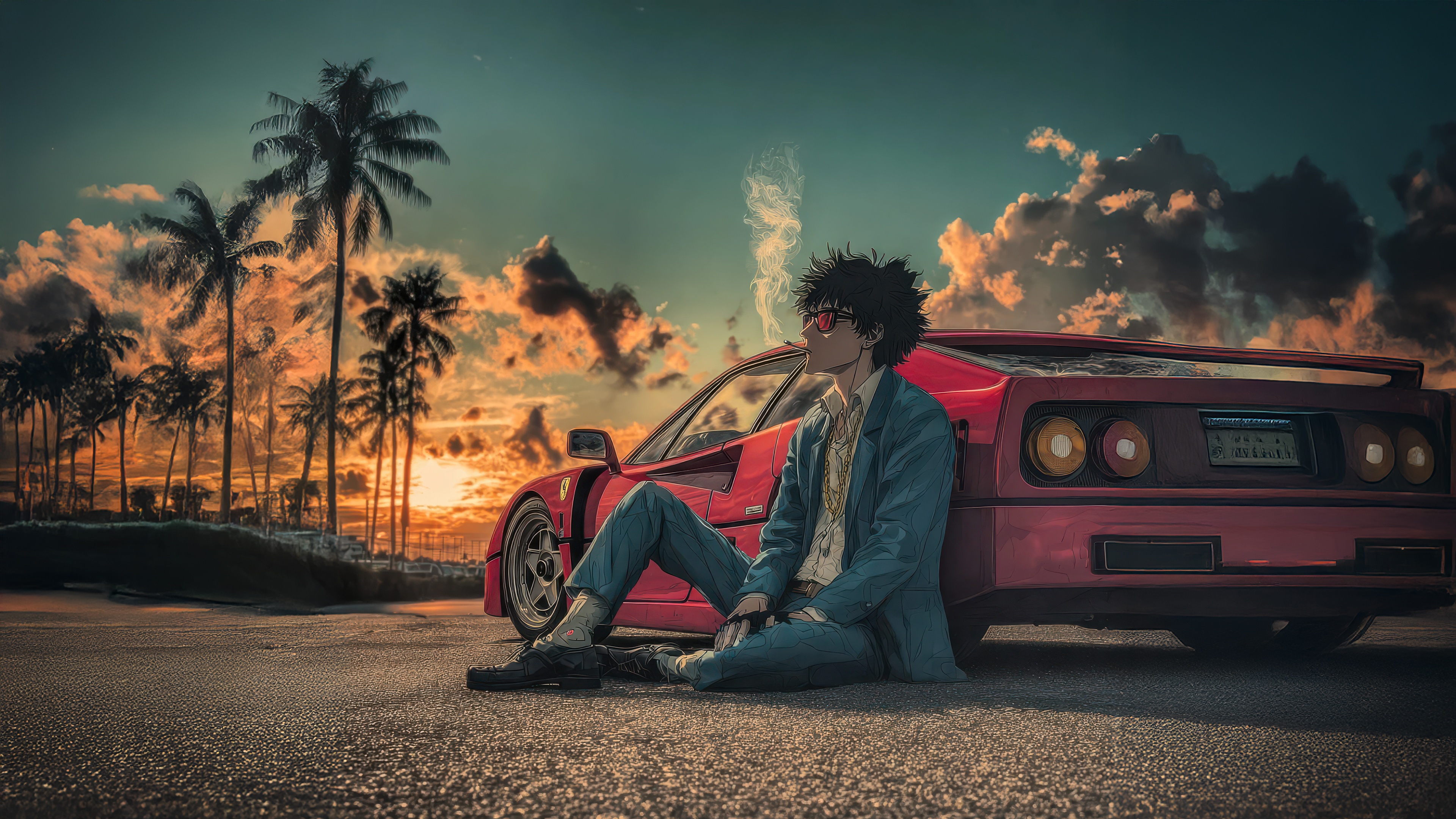 Man with Red Ferrari and Palm Trees at Sunset HD Wallpaper