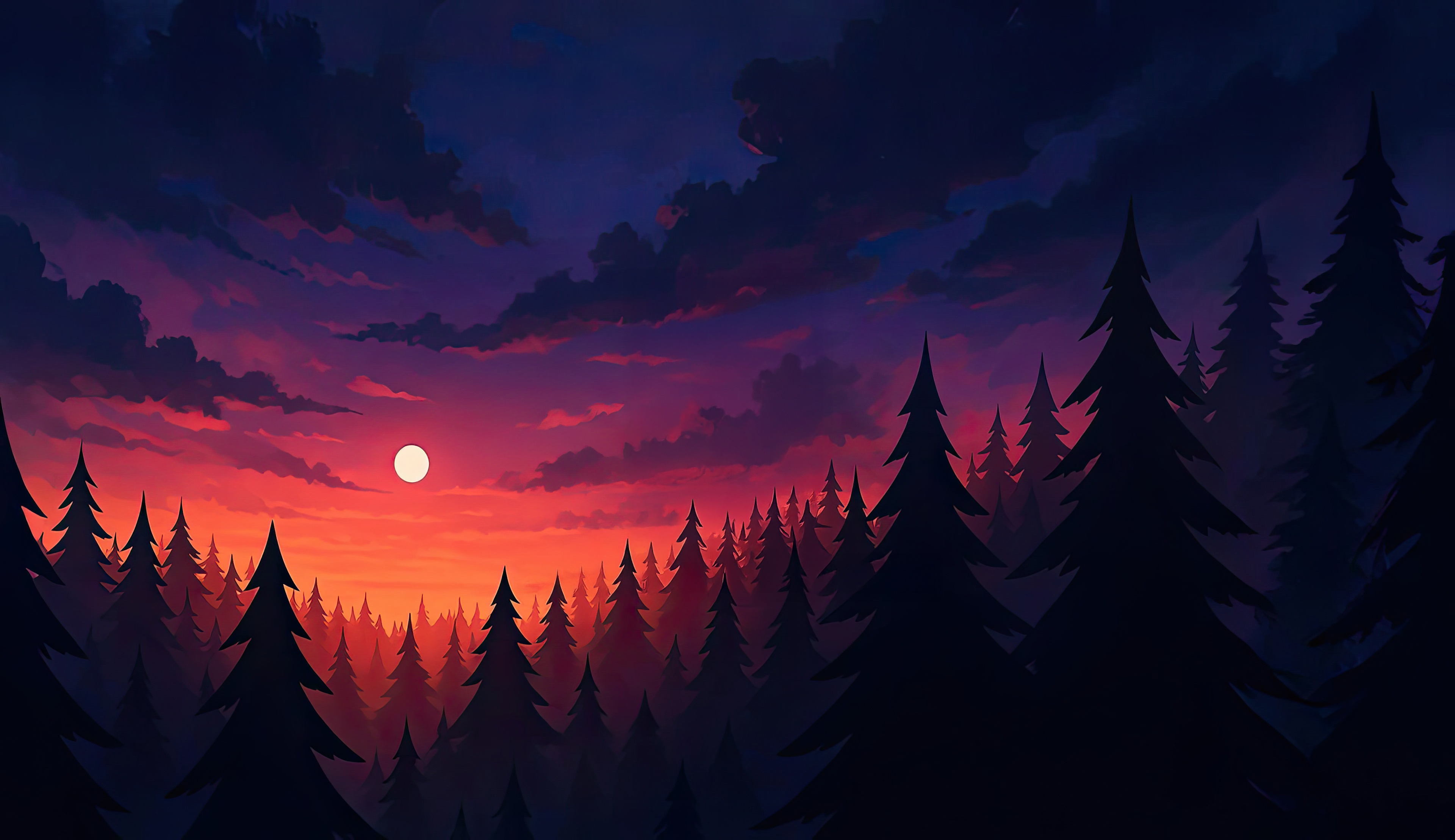 Twilight Forest Illustration with Sunset HD Wallpaper