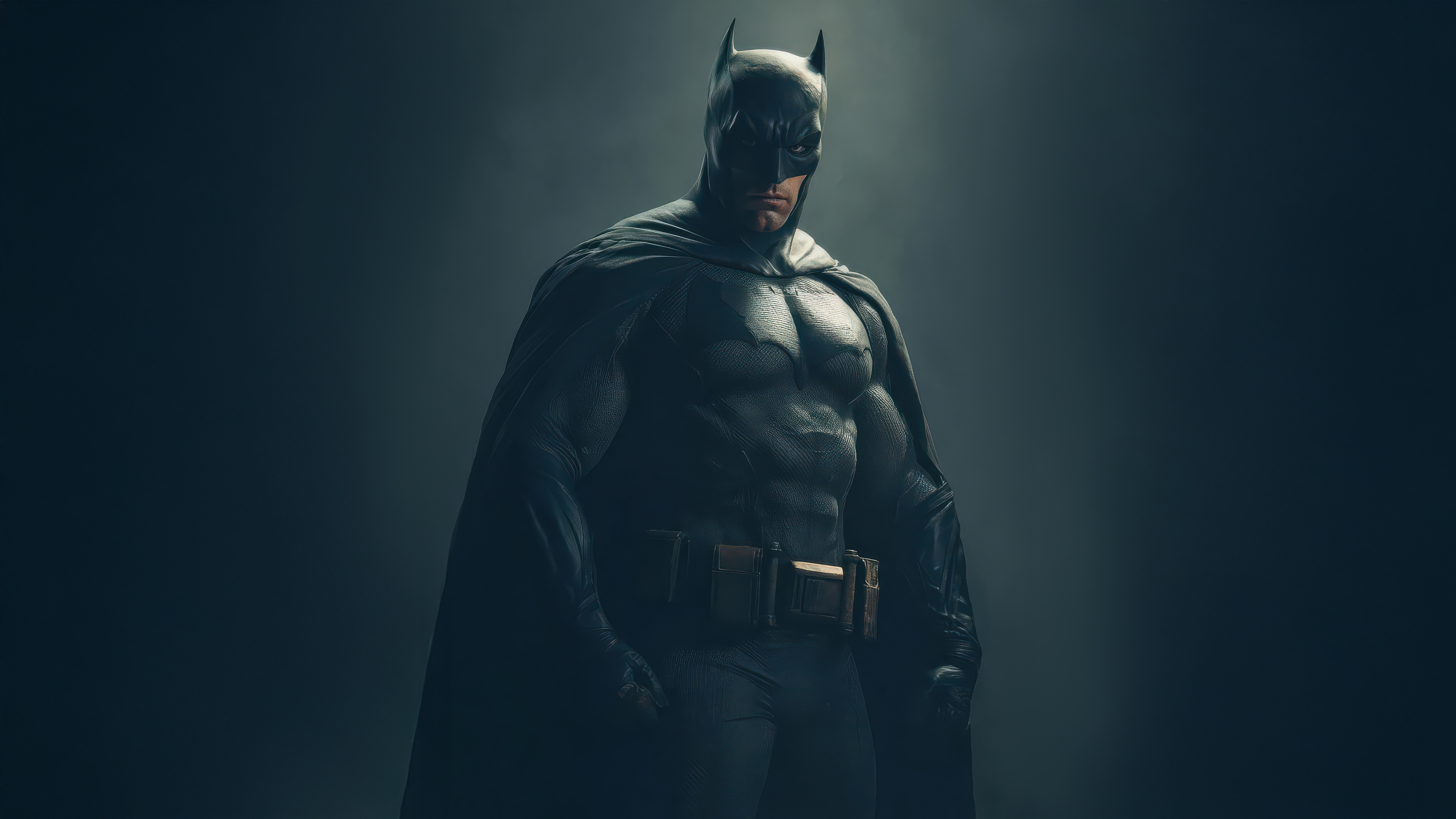 Batman stands in a dark, smoky environment HD Wallpaper