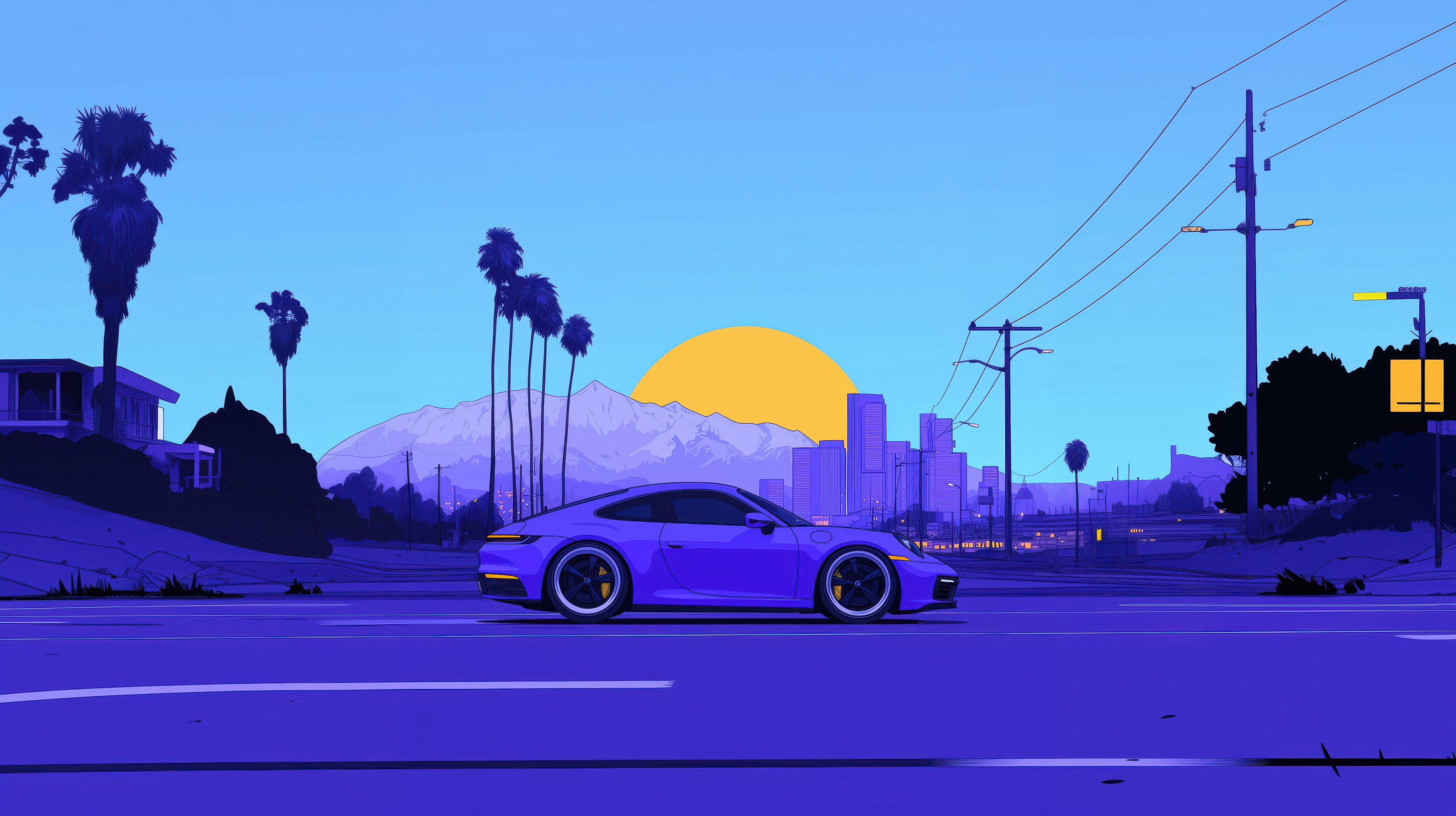 Purple Porsche Car on a Stylized Street HD Wallpaper