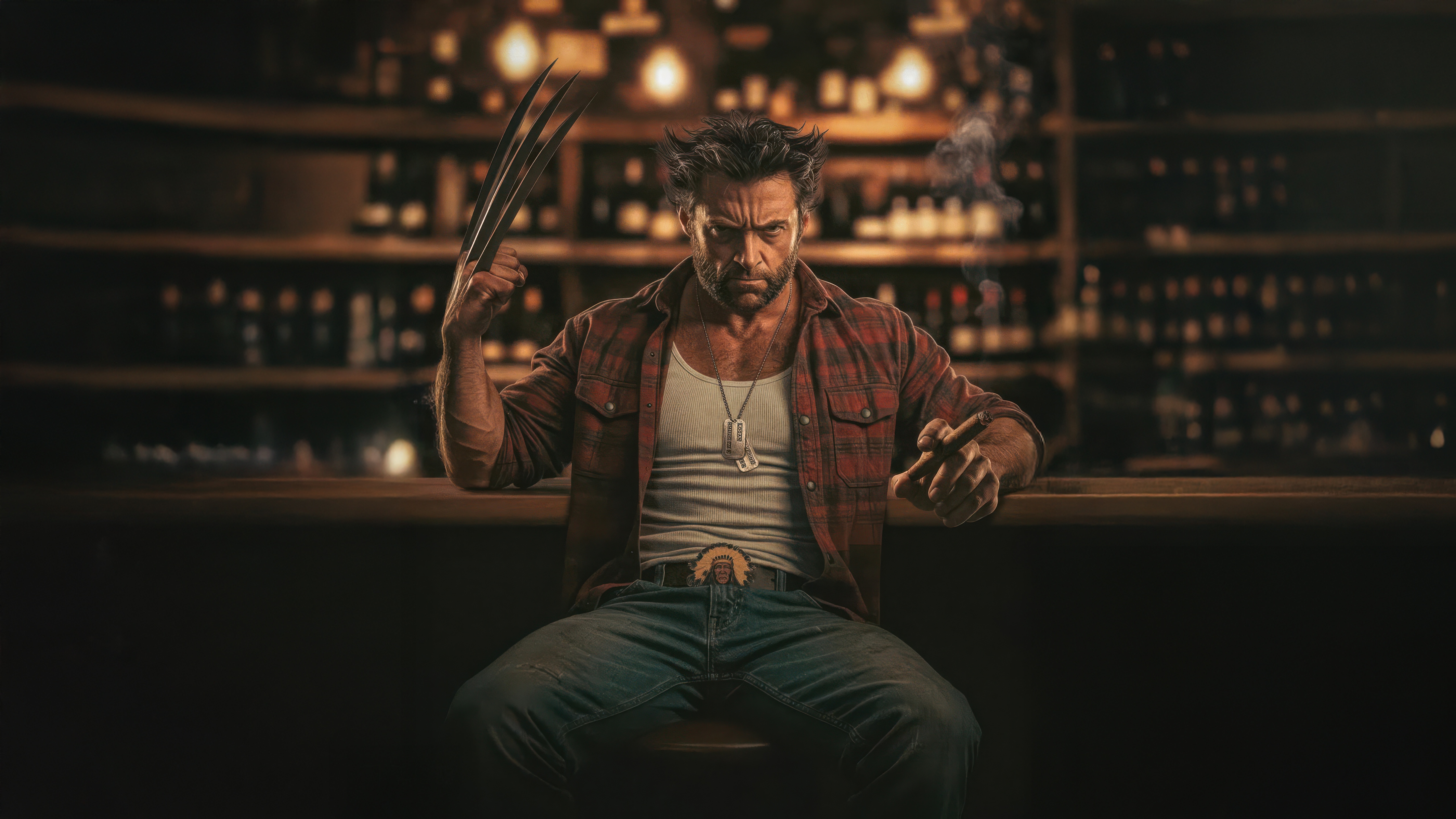 Wolverine with Claws and Cigar in Bar HD Wallpaper